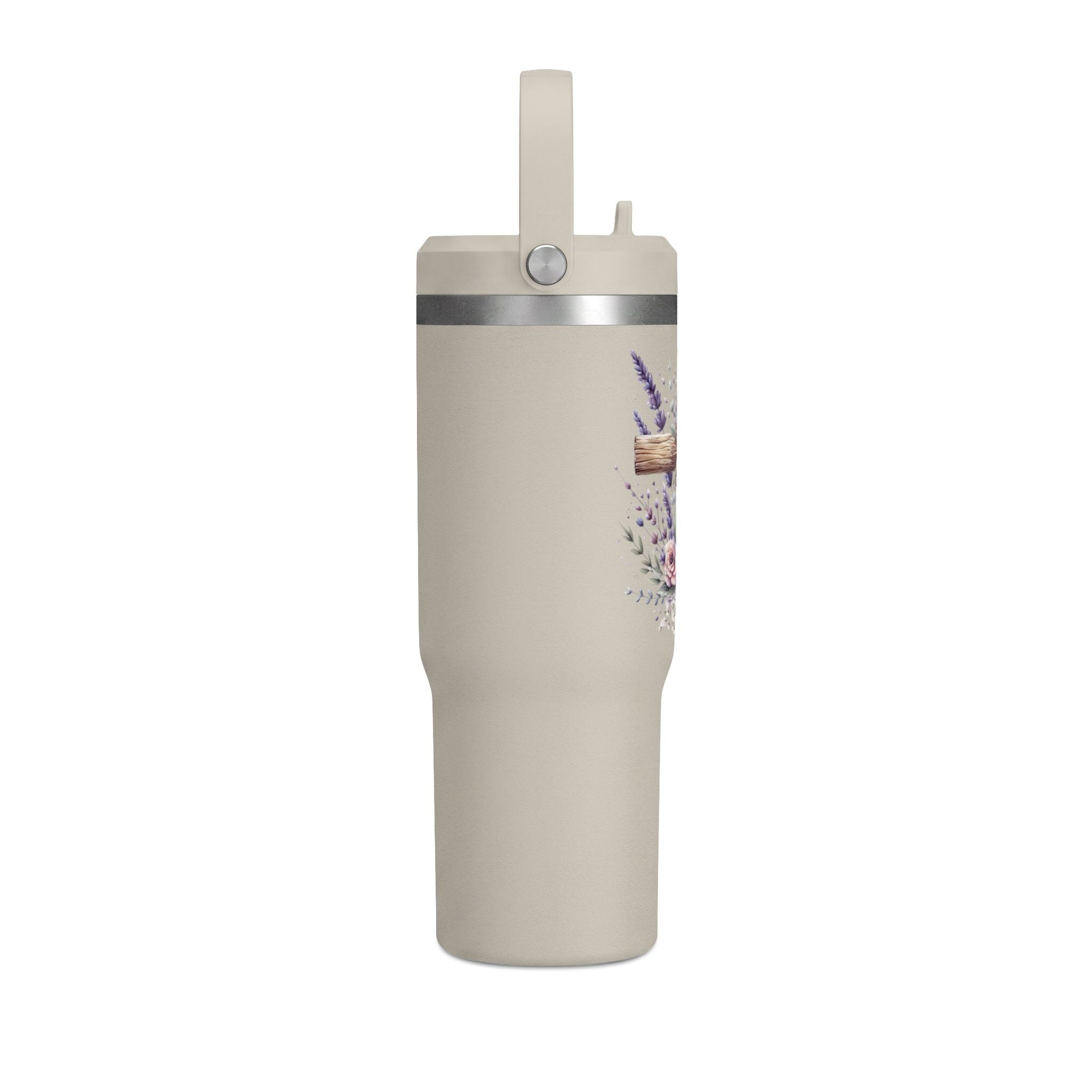 32oz Tumbler with Floral Cross Design — Christian Hydration Bottle | Lavender & Rose Nomad Tumbler