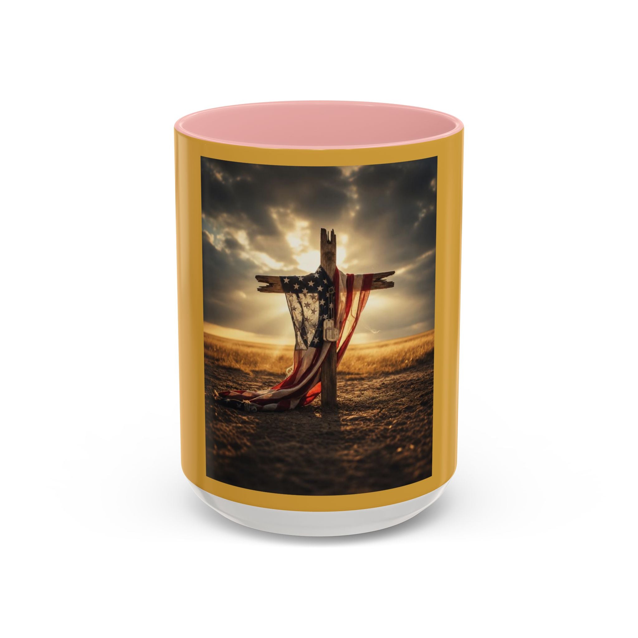 Patriotic Cross Coffee Mug — American Flag Sunrise Accent Mug (11/15oz)