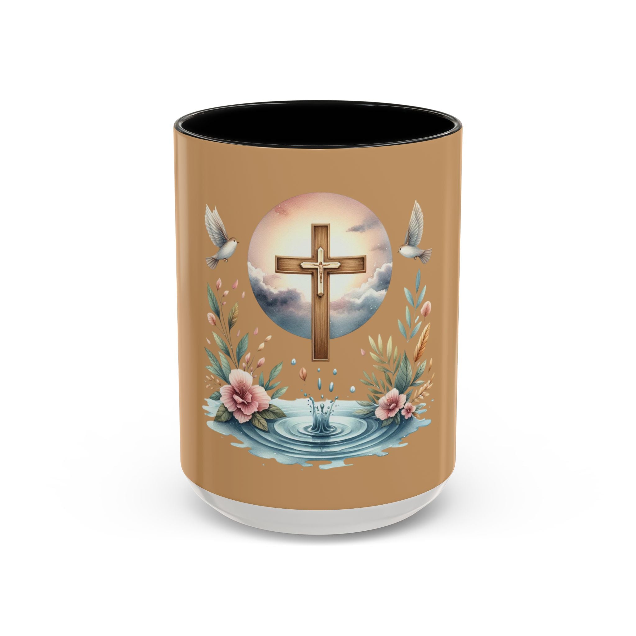Christian Cross Accent Coffee Mug — Faith, Doves & Floral Baptism Gift (11/15oz)