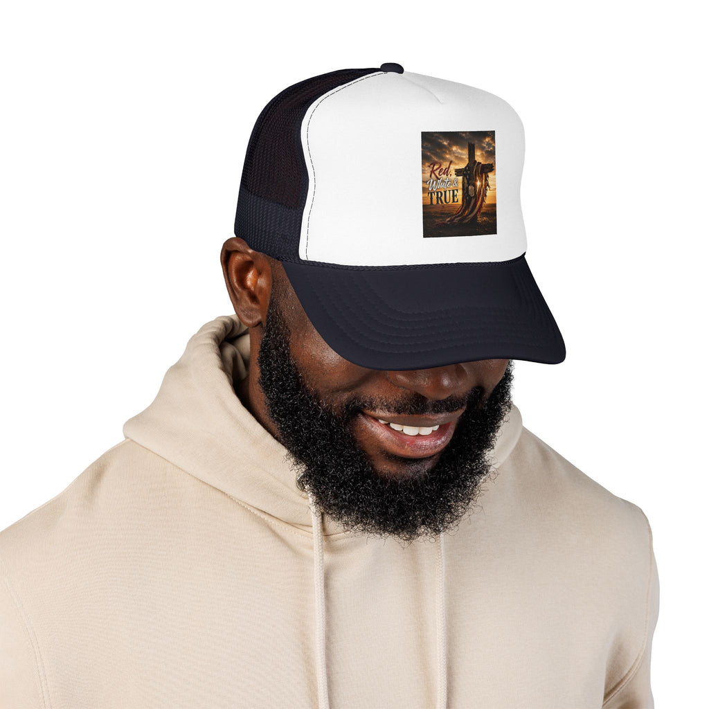 Trucker Hat — "God Made A Farmer" Cross Sunset Foam Trucker Hat
