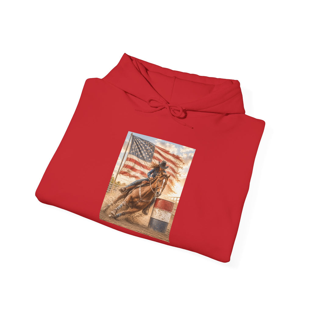 Patriotic Rodeo Horse Hoodie – American Flag Cowboy Pulled by Horse Pullover