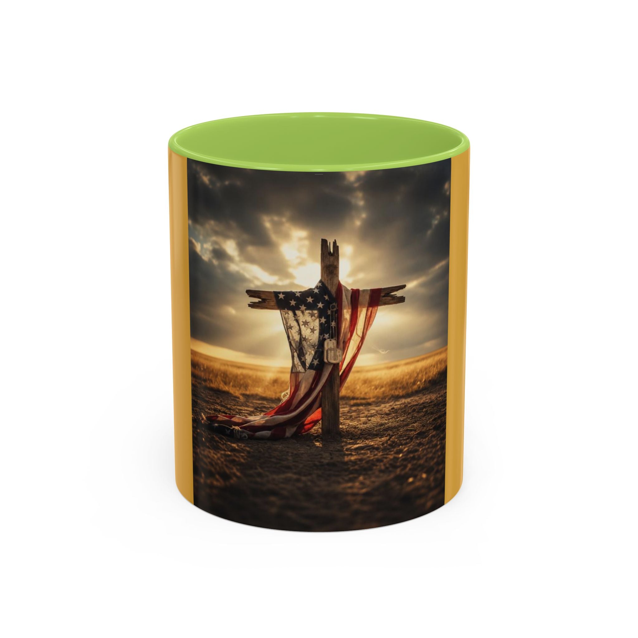 Patriotic Cross Coffee Mug — American Flag Sunrise Accent Mug (11/15oz)