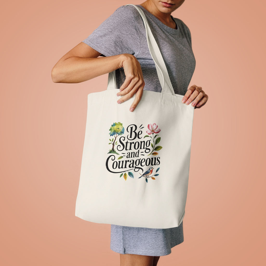 Be Strong and Courageous Cotton Tote - Inspirational Floral Eco Bag