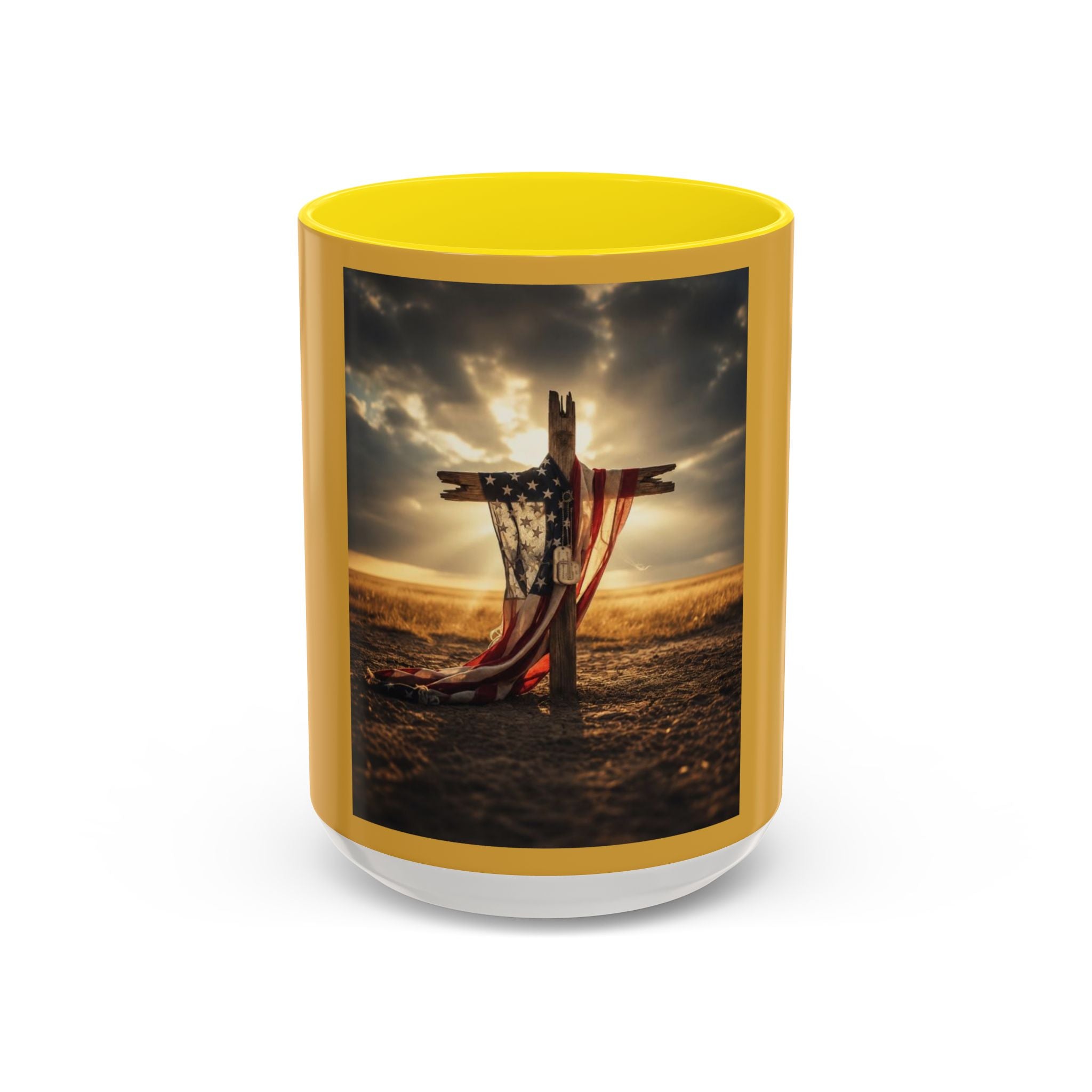 Patriotic Cross Coffee Mug — American Flag Sunrise Accent Mug (11/15oz)