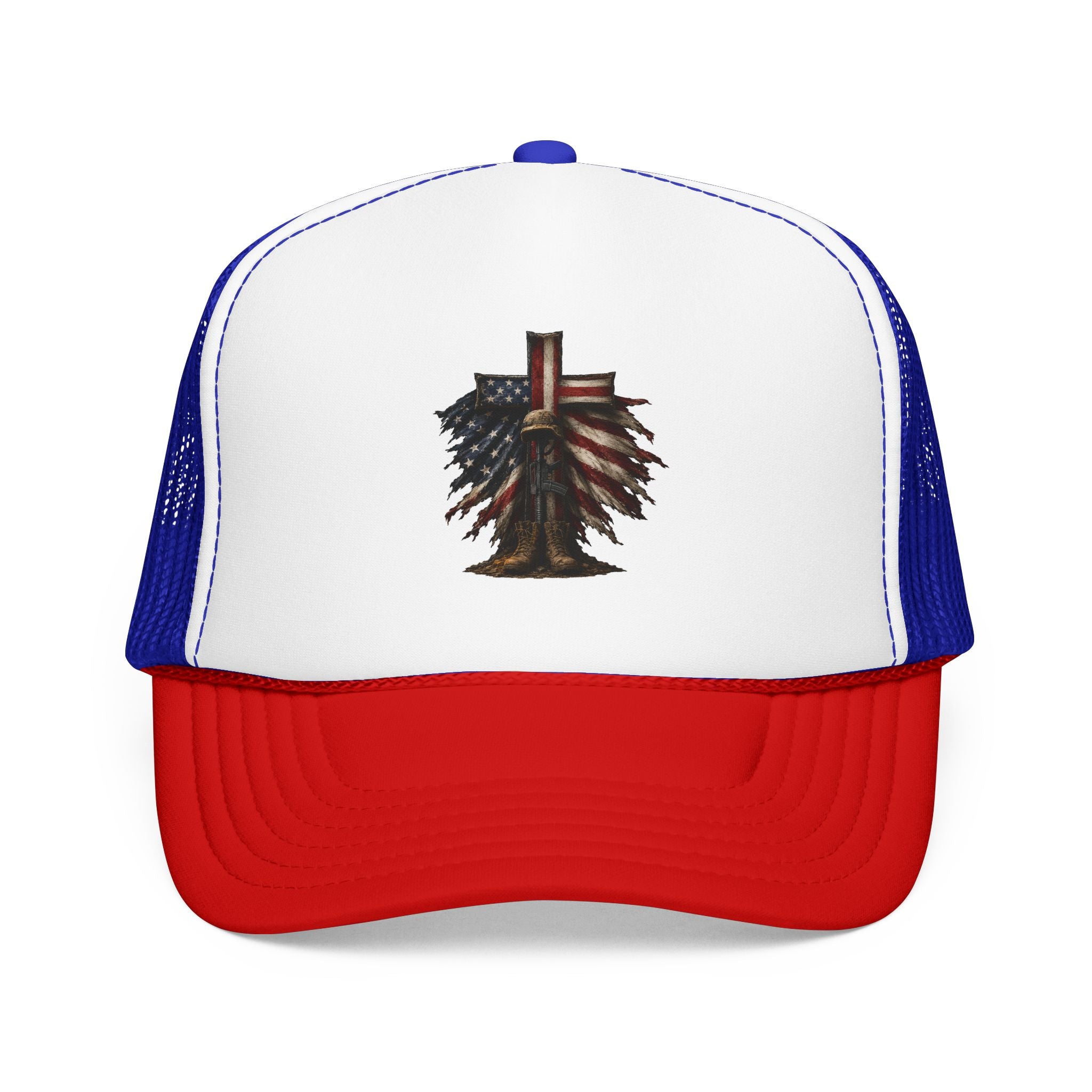 Patriotic Cross Trucker Hat — American Flag Feather Cross Foam Cap