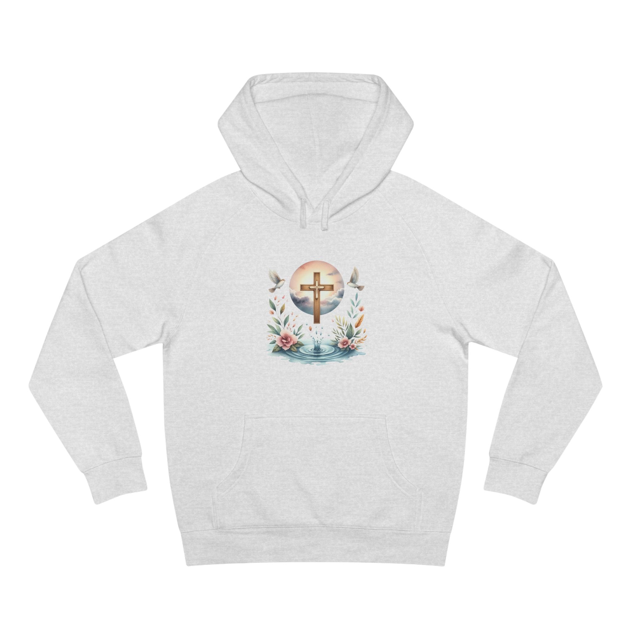 Christian Cross Floral Hoodie – Faith, Doves & Water Illustration