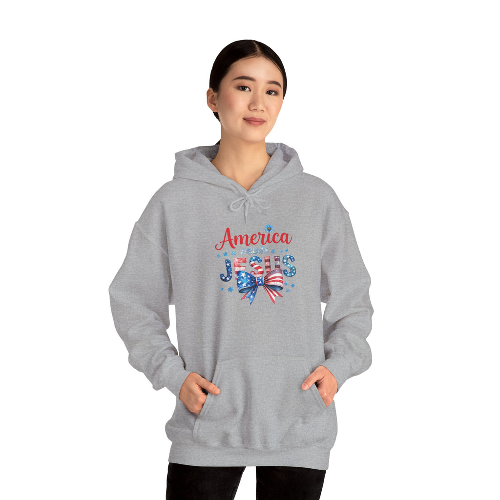 America Loves Jesus Patriotic Hoodie – Flag Bow Christian Sweatshirt