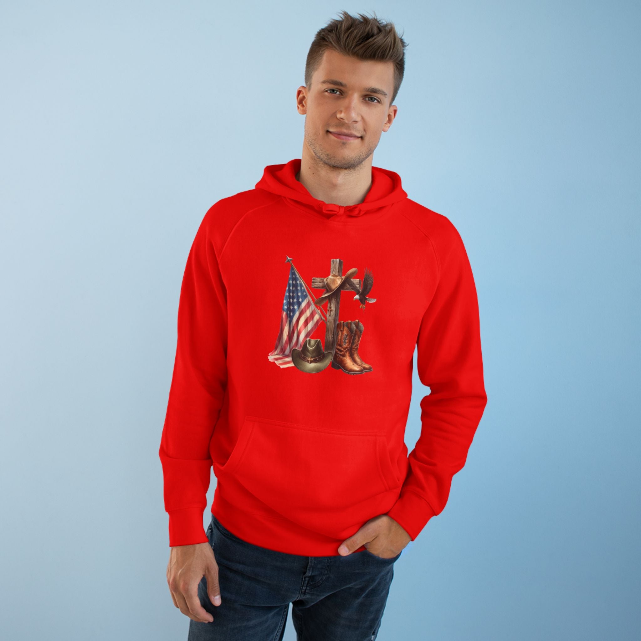 Patriotic Western Hoodie – American Flag, Cowboy Boots & Cross Graphic
