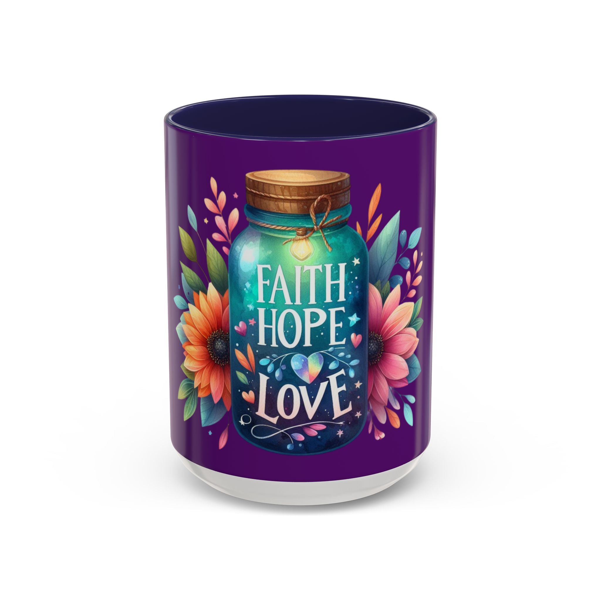 Faith Hope Love Accent Coffee Mug — Floral Jar Design (11/15 oz)