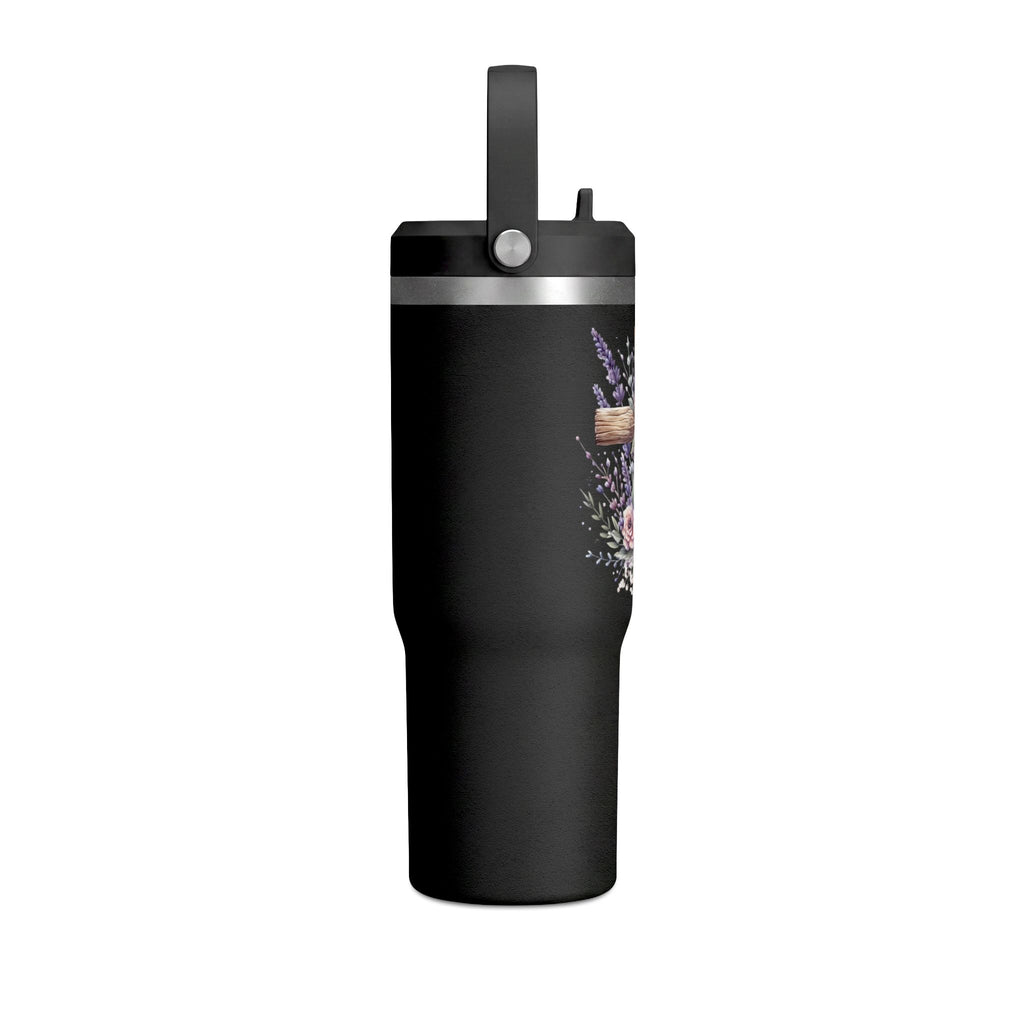 32oz Tumbler with Floral Cross Design — Christian Hydration Bottle | Lavender & Rose Nomad Tumbler