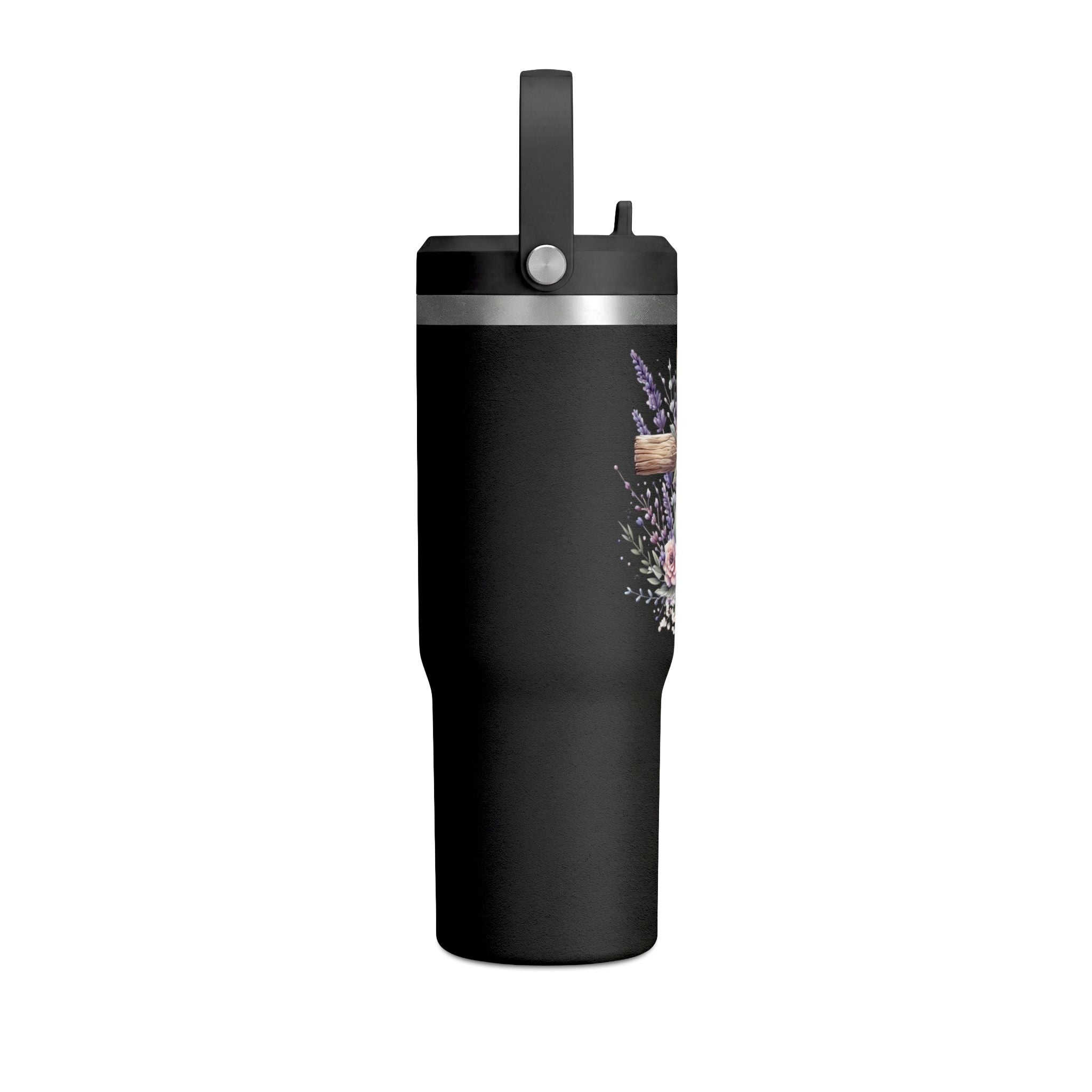 32oz Tumbler with Floral Cross Design — Christian Hydration Bottle | Lavender & Rose Nomad Tumbler