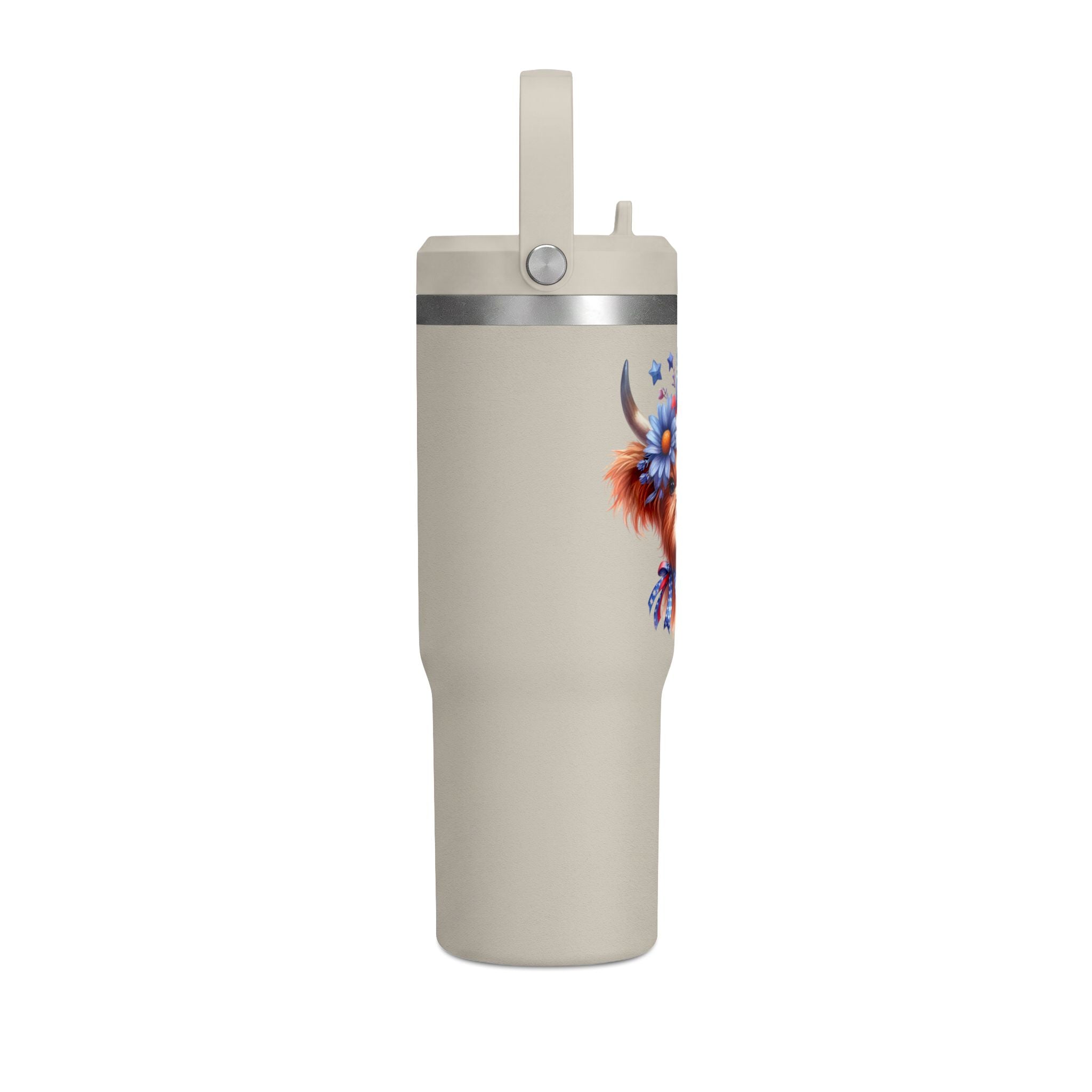 Patriotic Highland Cow 32oz Tumbler – Insulated Travel Mug with American Flag Floral Design