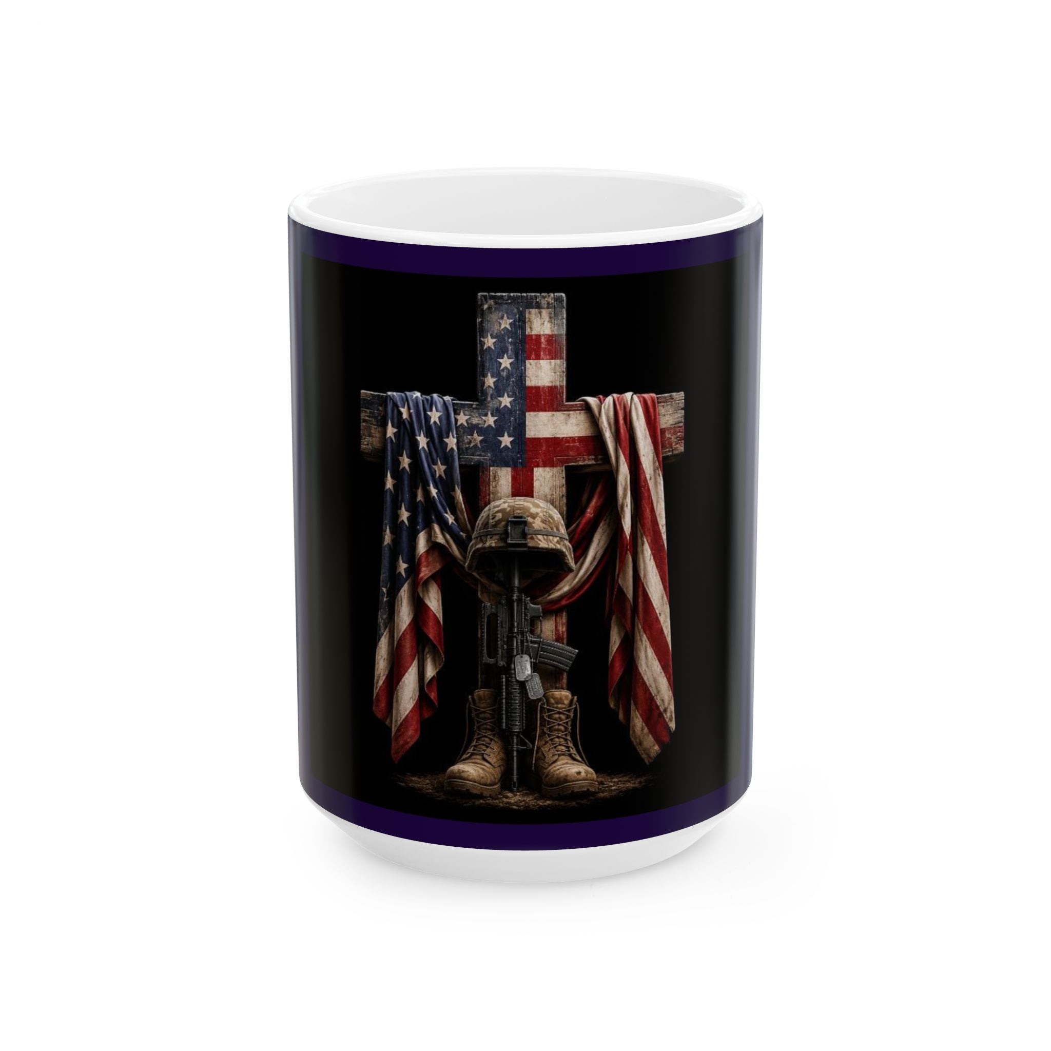 Military Tribute Ceramic Mug — Fallen Soldier Helmet, Boots & American Flag Memorial (11oz/15oz)