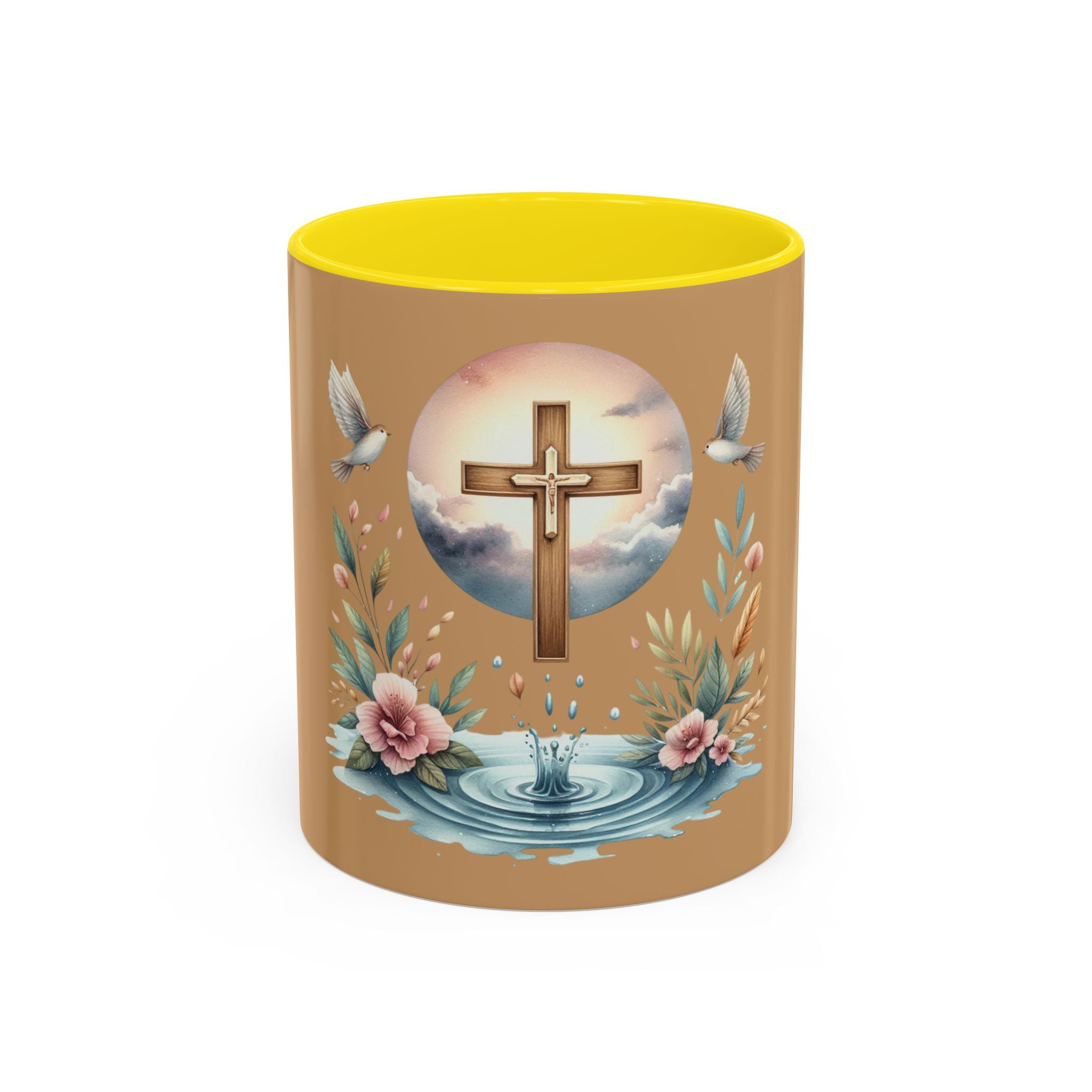 Christian Cross Accent Coffee Mug — Faith, Doves & Floral Baptism Gift (11/15oz)