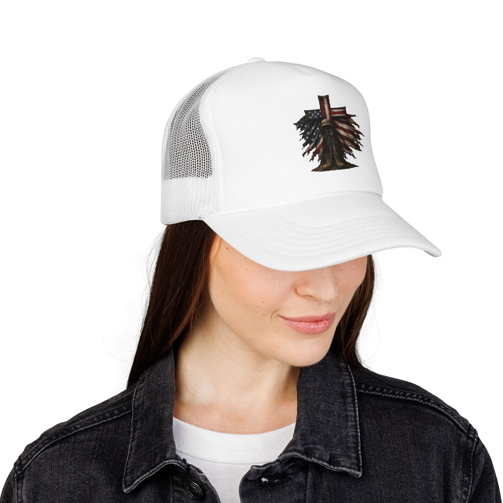 Patriotic Cross Trucker Hat — American Flag Feather Cross Foam Cap