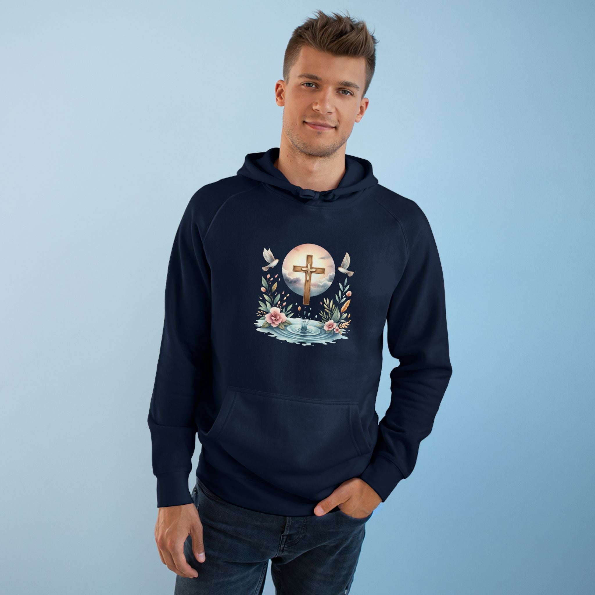 Christian Cross Floral Hoodie – Faith, Doves & Water Illustration