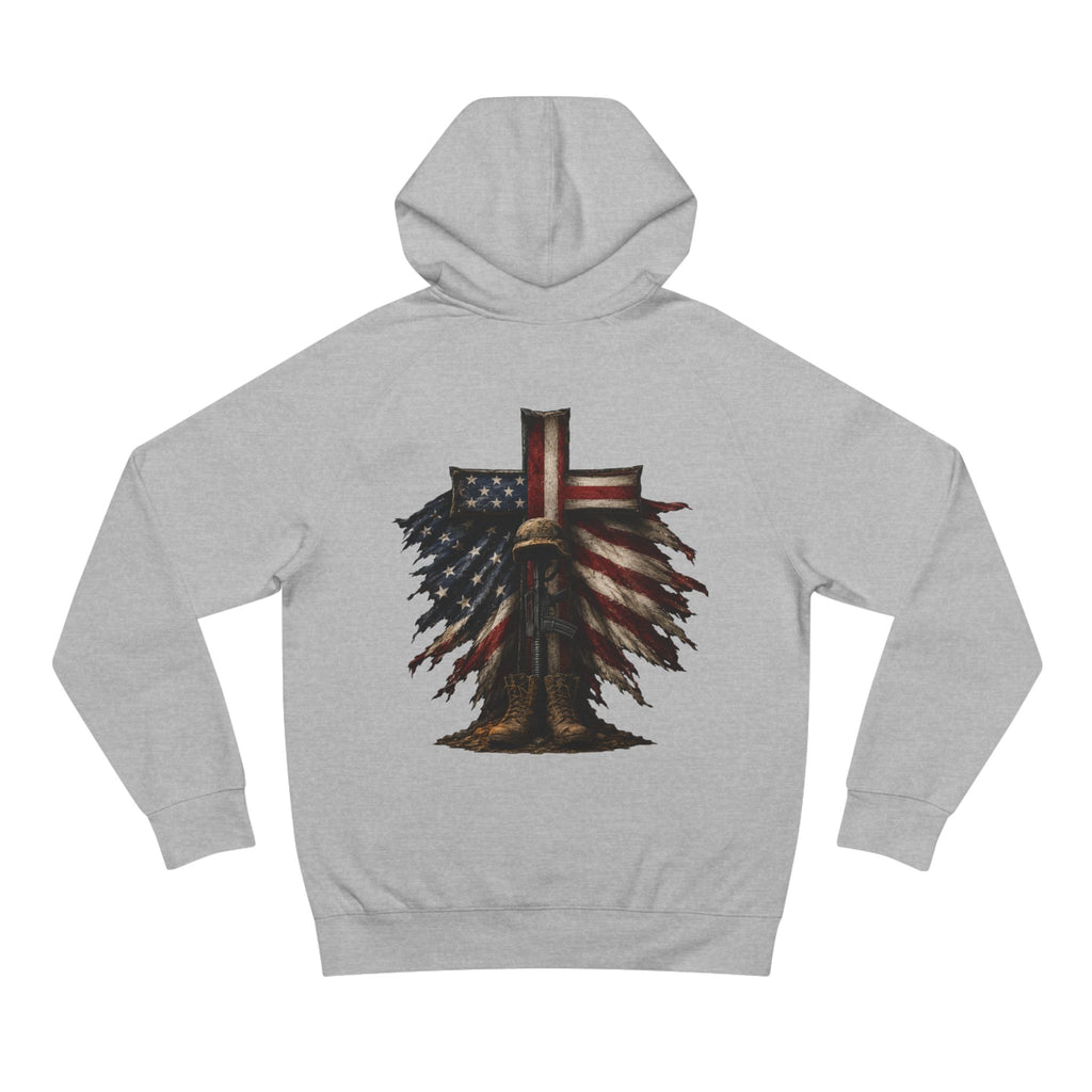 American Flag Cross Hoodie — Patriotic Skull & Wings Back Graphic