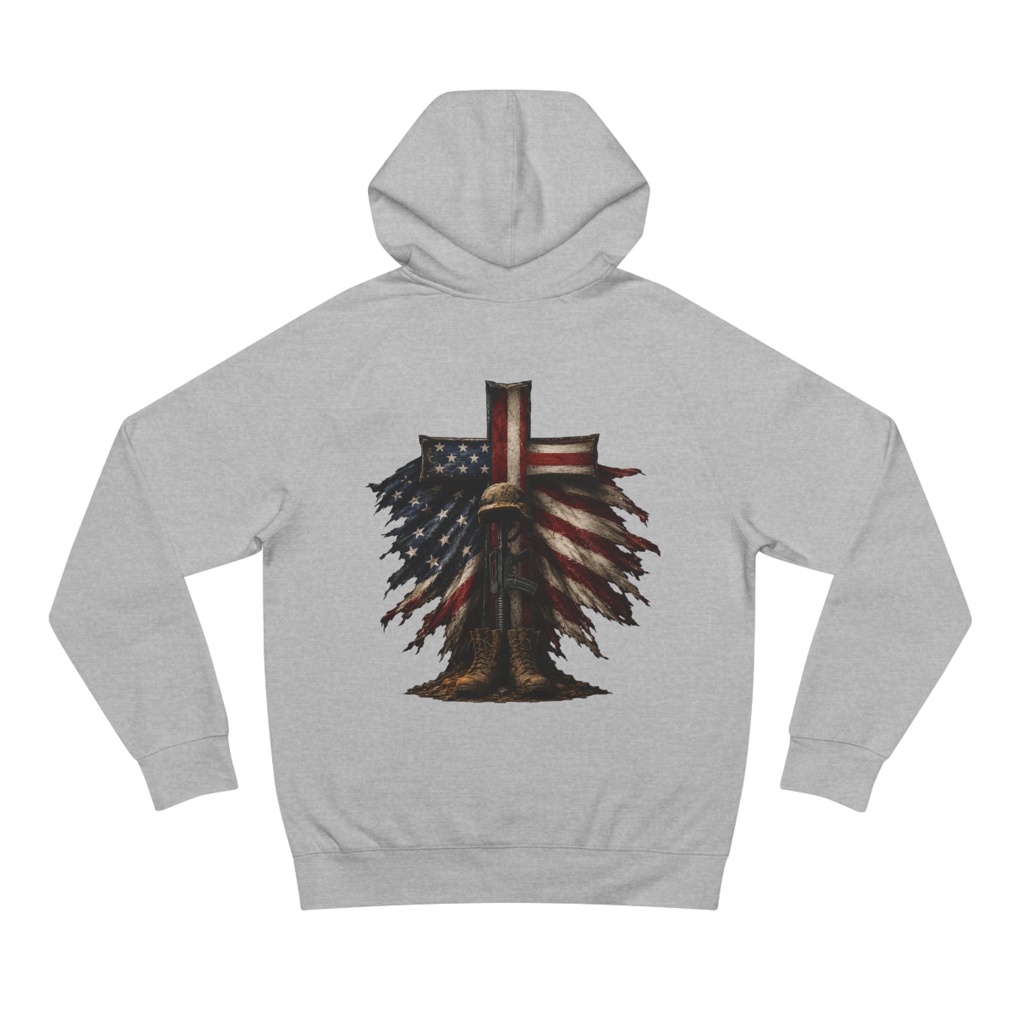 American Flag Cross Hoodie — Patriotic Skull & Wings Back Graphic