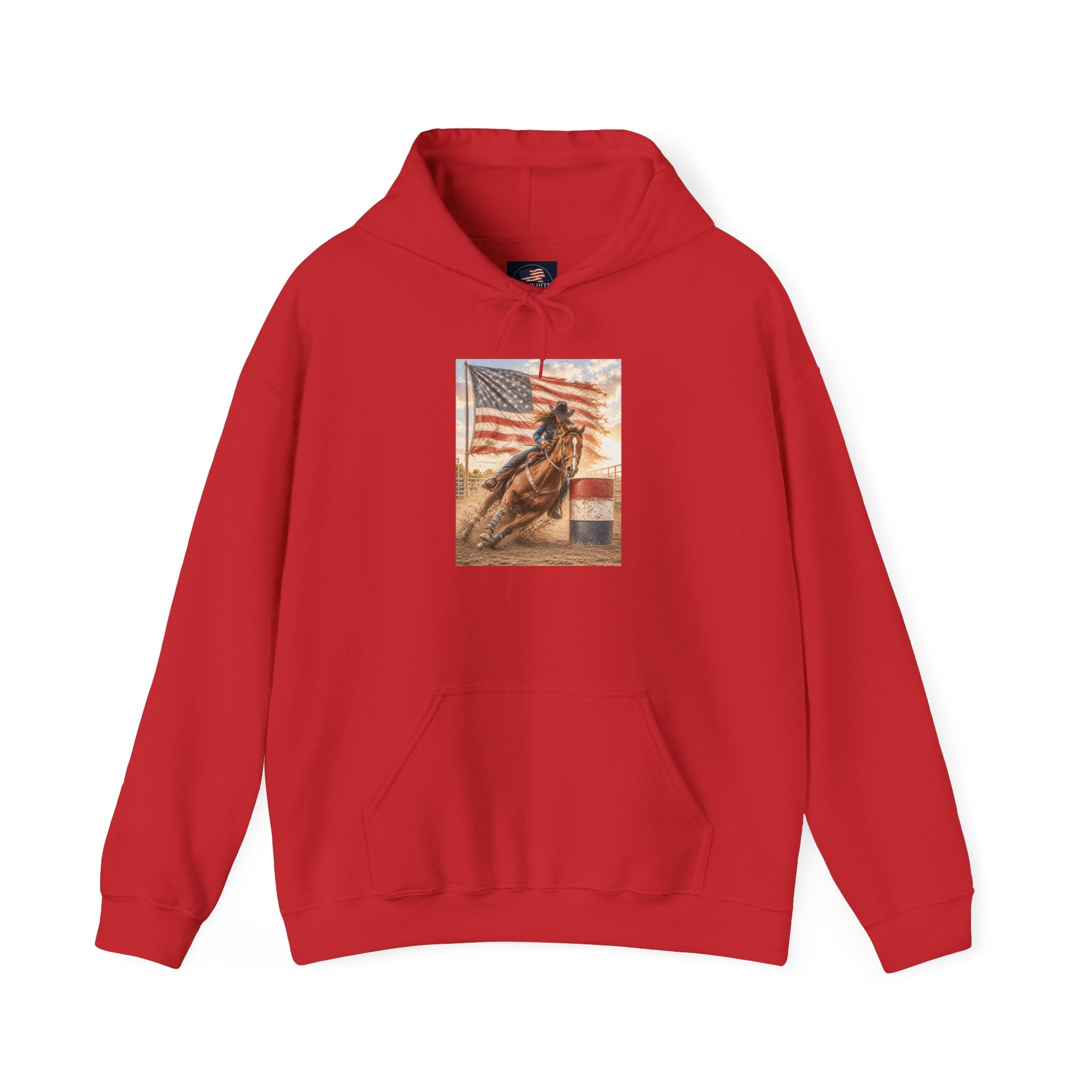 Patriotic Rodeo Horse Hoodie – American Flag Cowboy Pulled by Horse Pullover