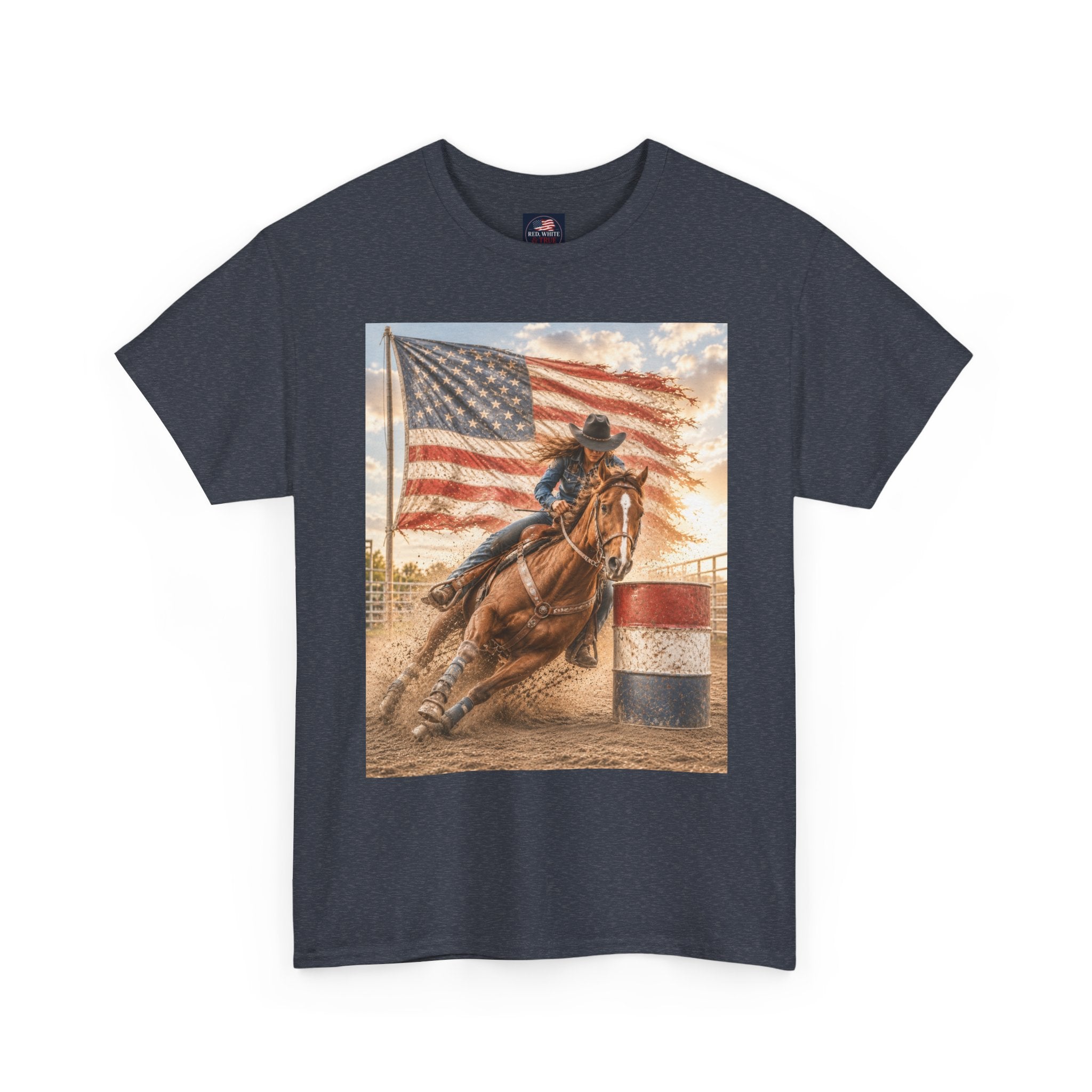 Patriotic Rodeo Barrel Racer T-Shirt — American Flag Horse Racing Tee