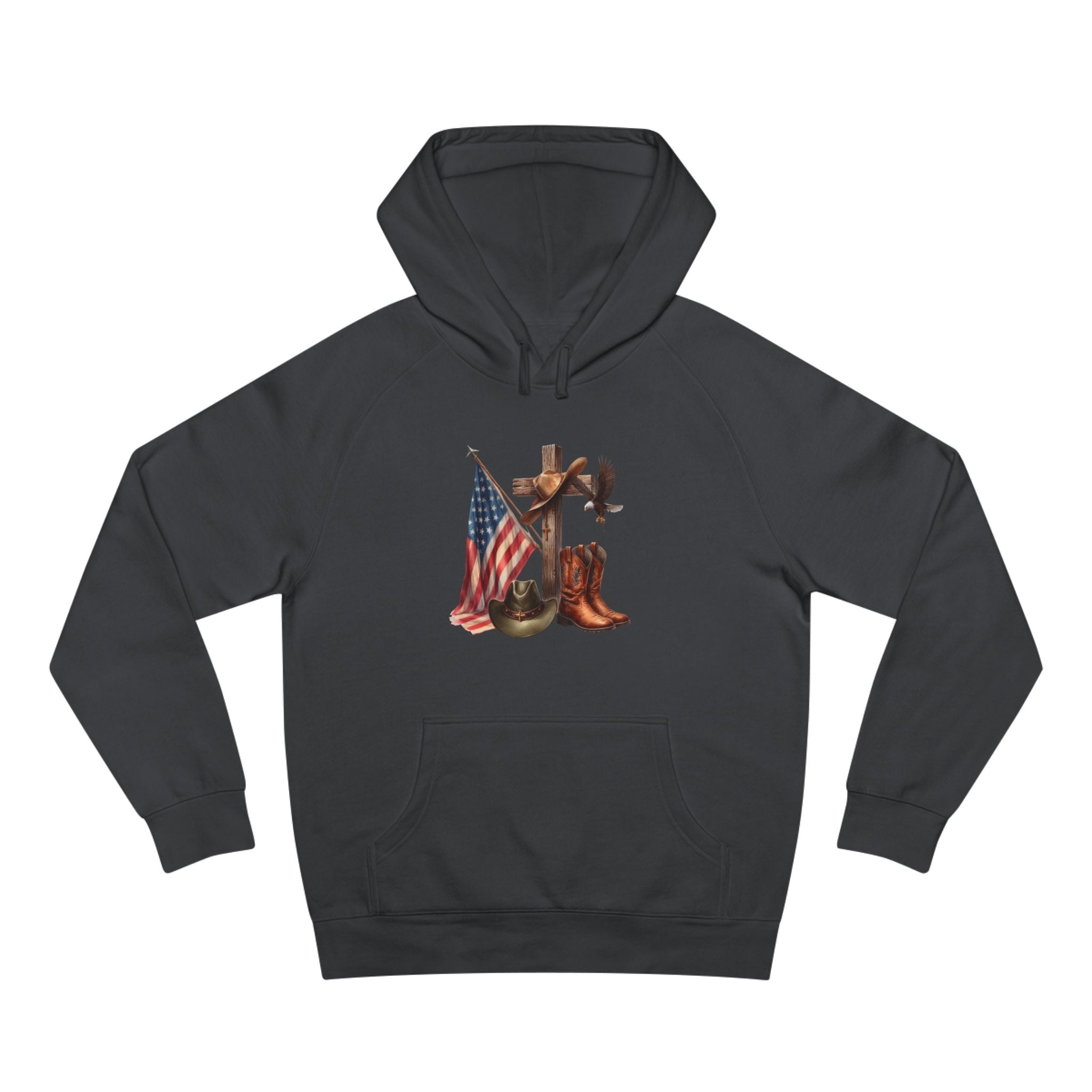 Patriotic Western Hoodie – American Flag, Cowboy Boots & Cross Graphic