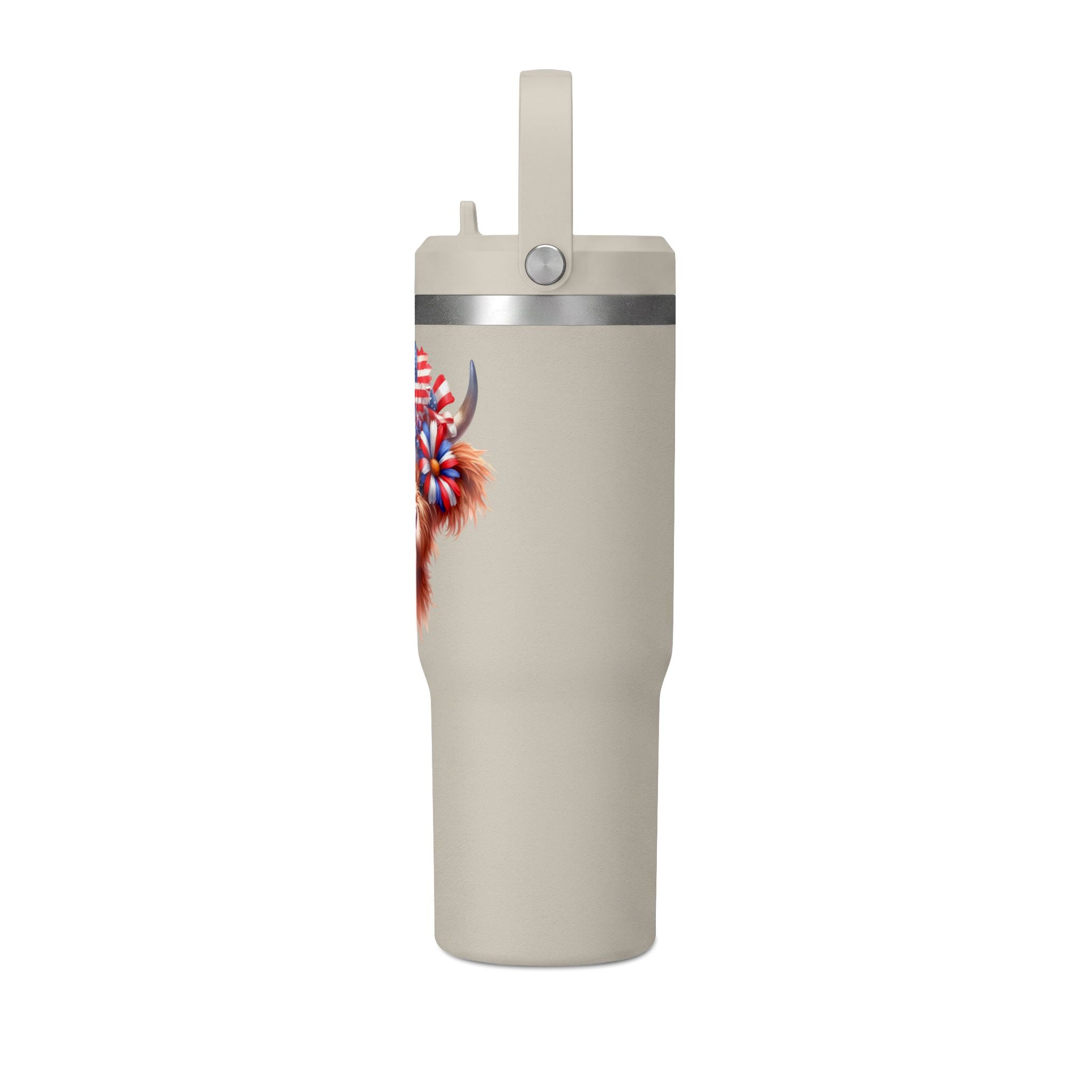 Patriotic Highland Cow 32oz Tumbler – Insulated Travel Mug with American Flag Floral Design