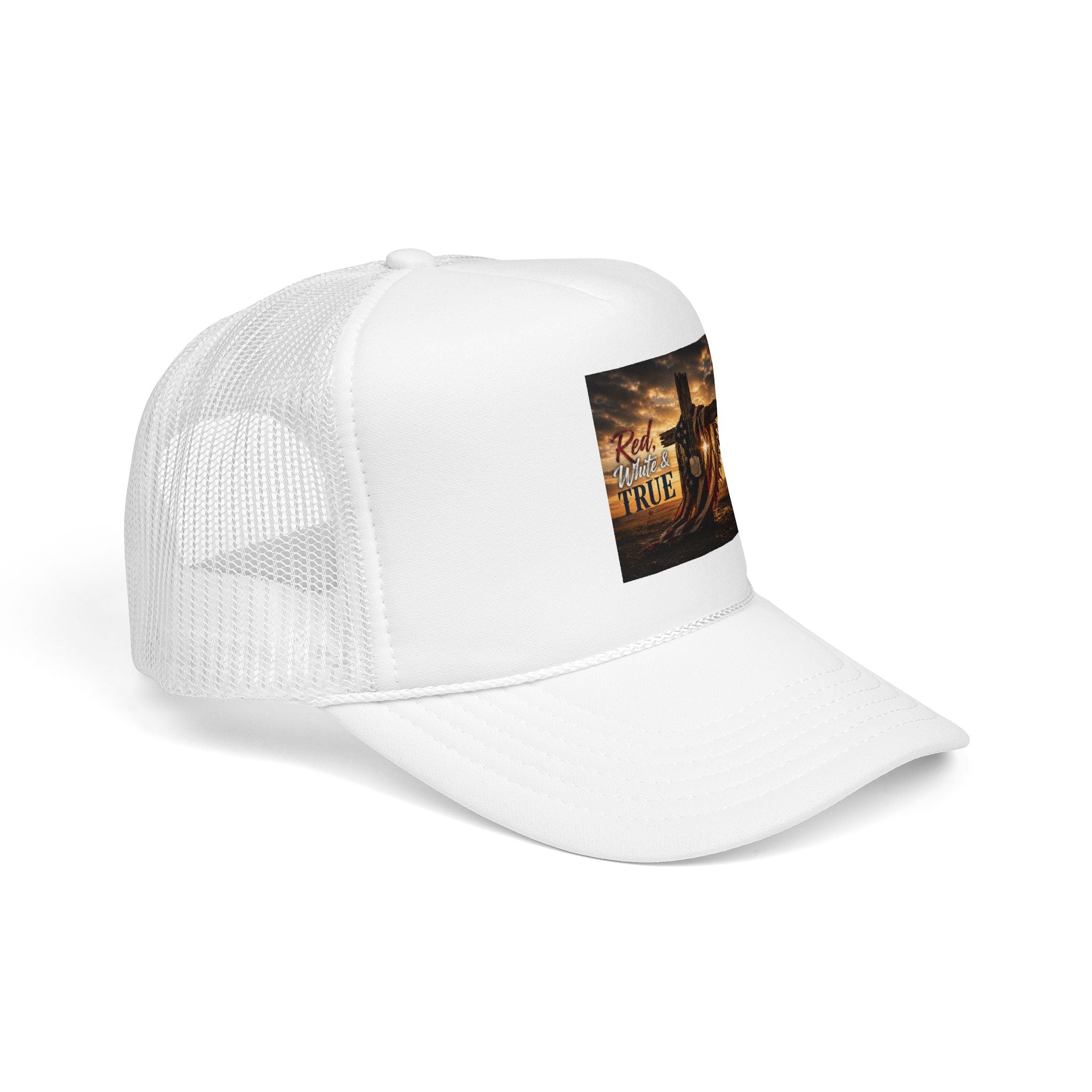 Trucker Hat — "God Made A Farmer" Cross Sunset Foam Trucker Hat
