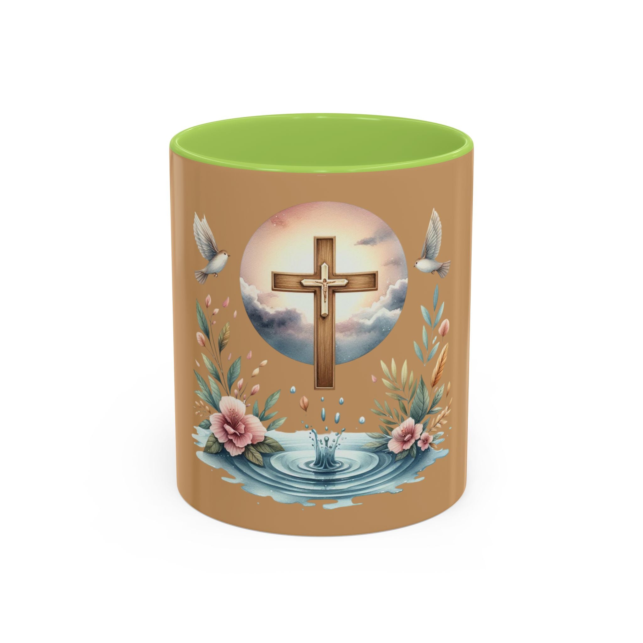 Christian Cross Accent Coffee Mug — Faith, Doves & Floral Baptism Gift (11/15oz)