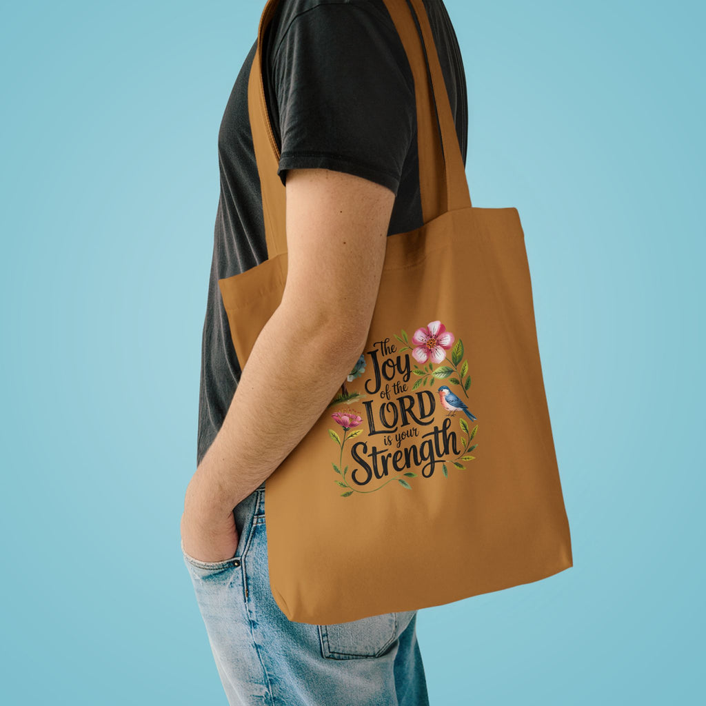 Floral Scripture Tote Bag — "The Joy of the Lord Is Your Strength" Cotton Shopper