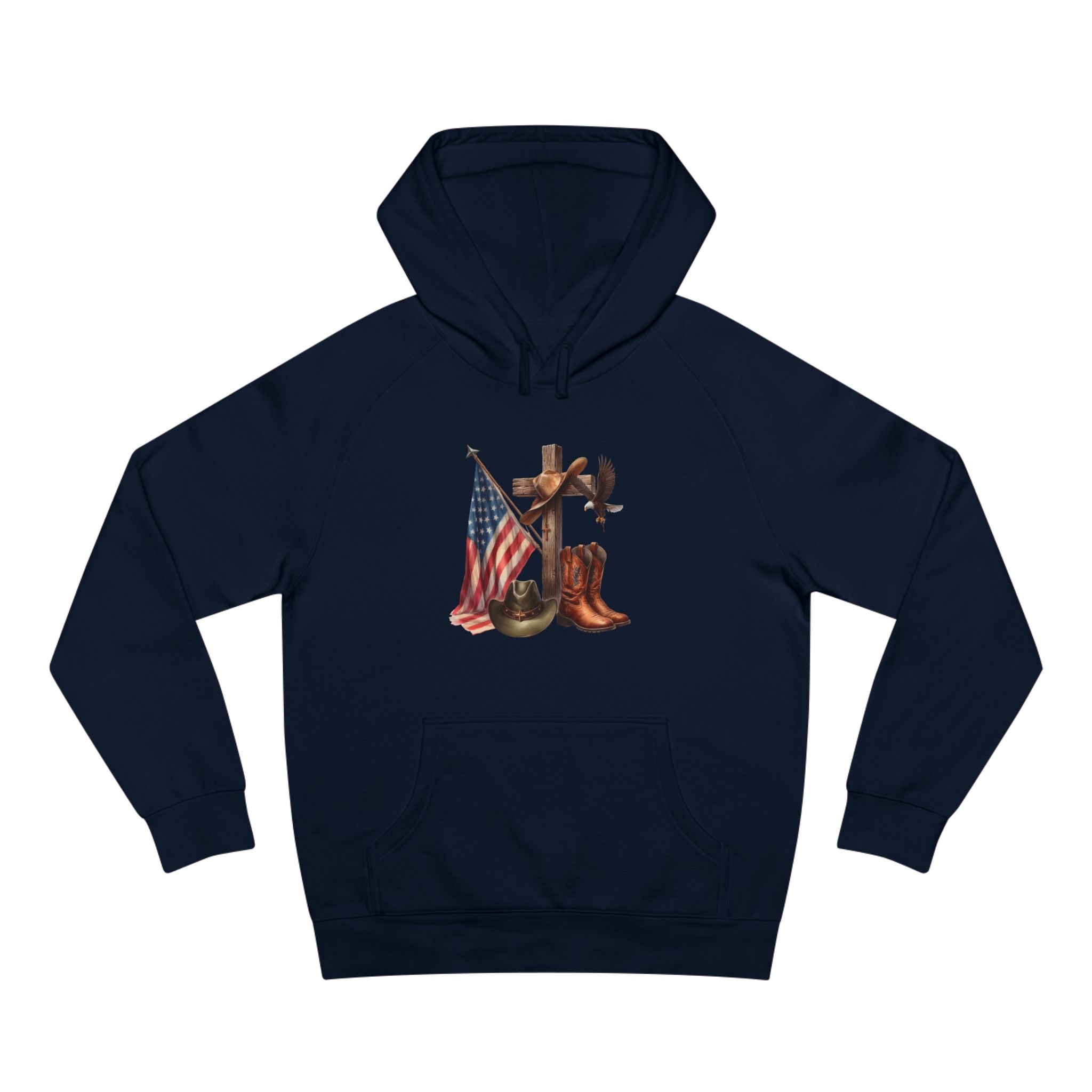 Patriotic Western Hoodie – American Flag, Cowboy Boots & Cross Graphic