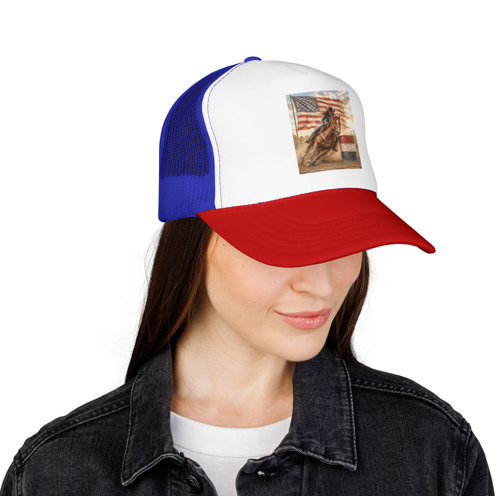 Western Rodeo Trucker Hat — Barrel Racing Horse with American Flag