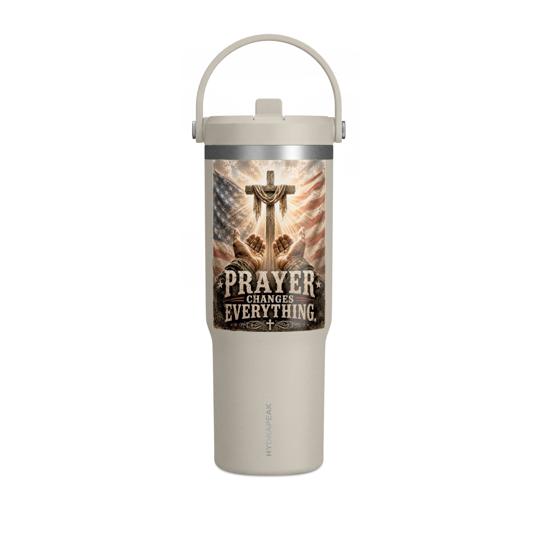 Prayer Changes Everything 32oz Tumbler - Christian Cross & American Flag Travel Cup
