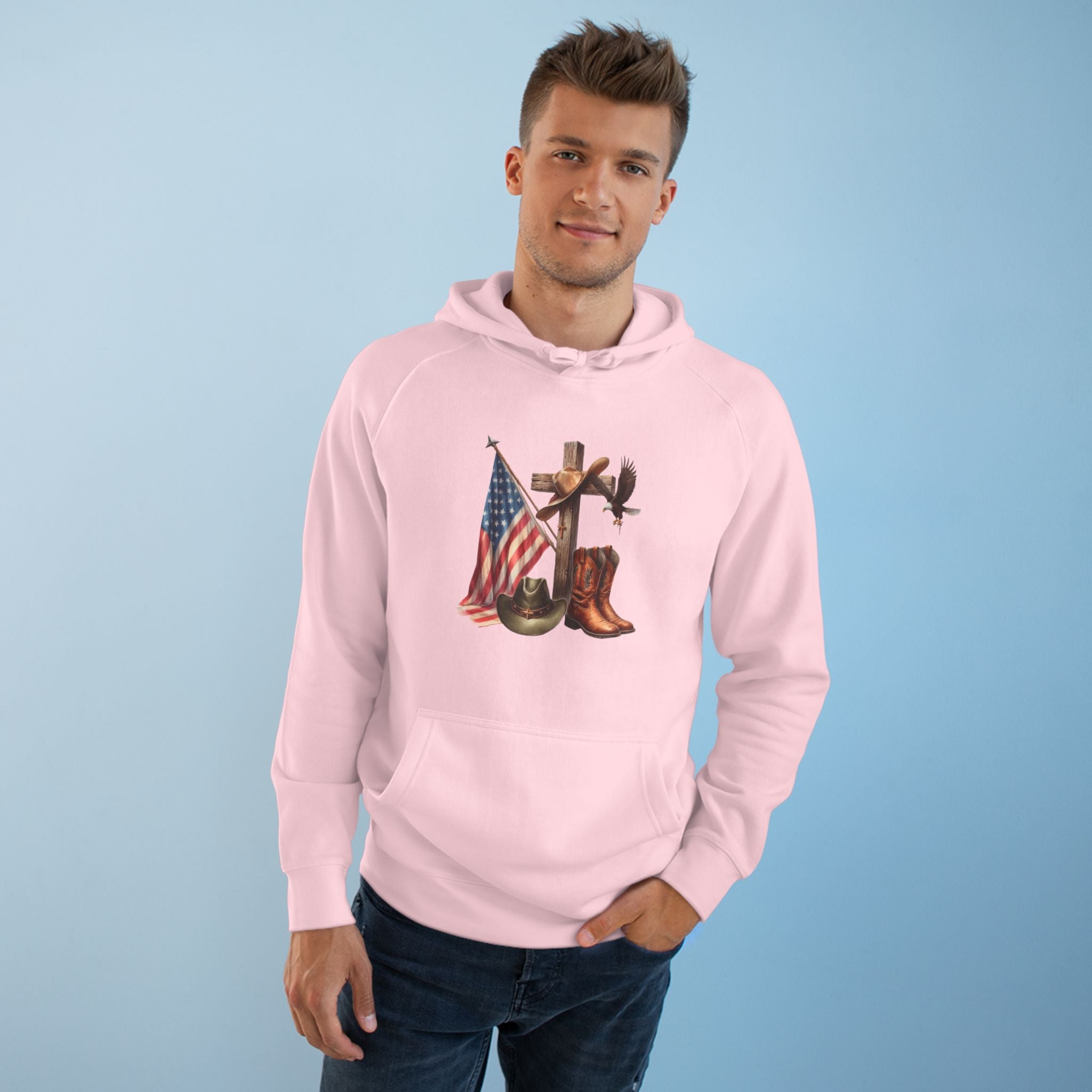 Patriotic Western Hoodie – American Flag, Cowboy Boots & Cross Graphic