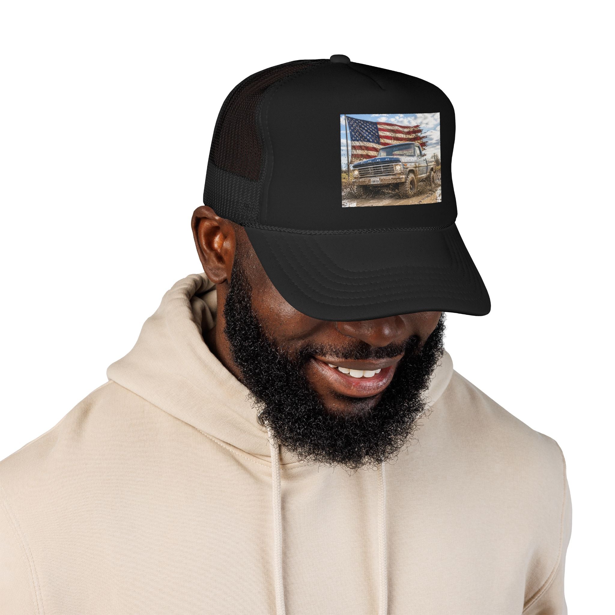 Patriotic Mud Truck Trucker Hat — American Flag Off-Road Foam Cap