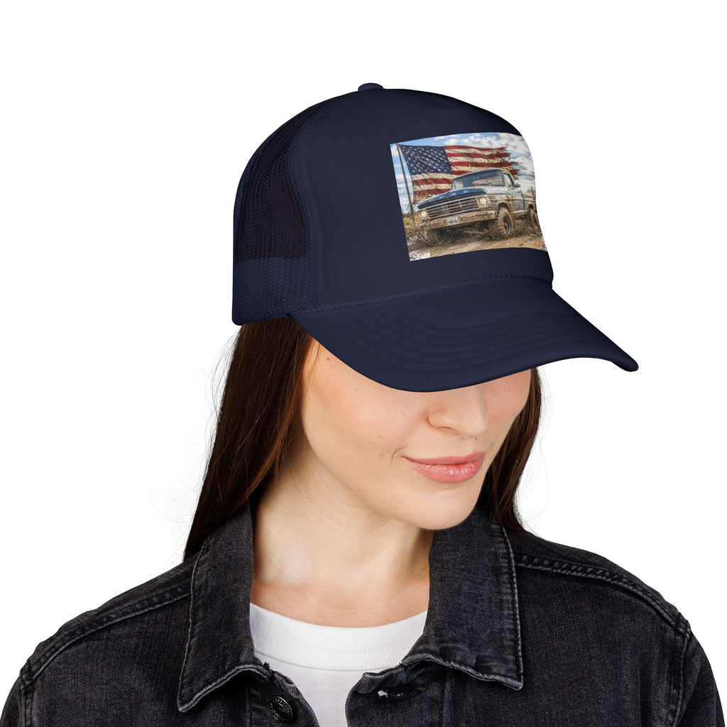 Patriotic Mud Truck Trucker Hat — American Flag Off-Road Foam Cap