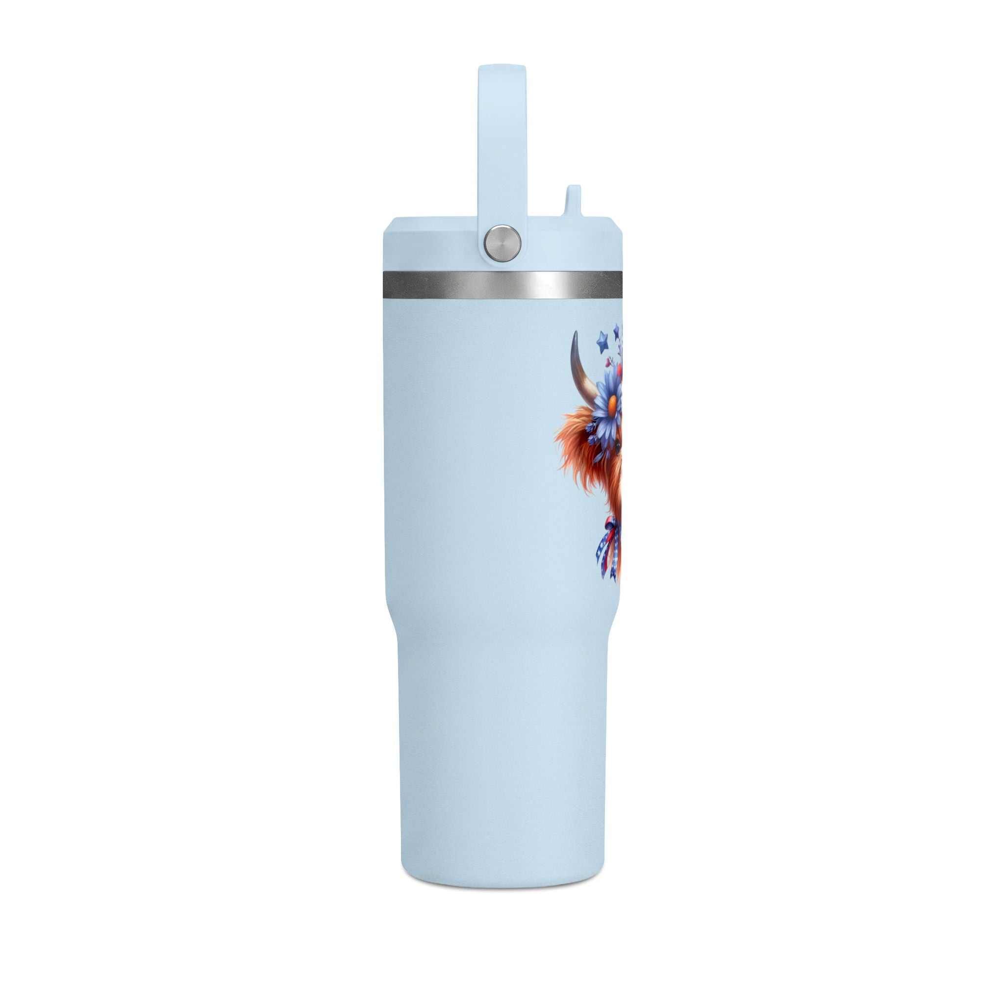 Patriotic Highland Cow 32oz Tumbler – Insulated Travel Mug with American Flag Floral Design