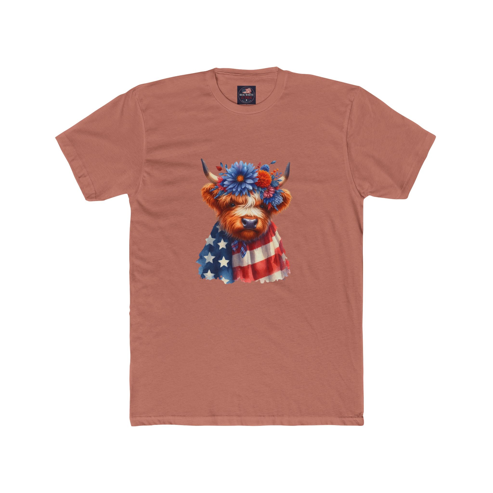 Patriotic Highland Cow T‑Shirt – American Flag & Floral Cow Graphic