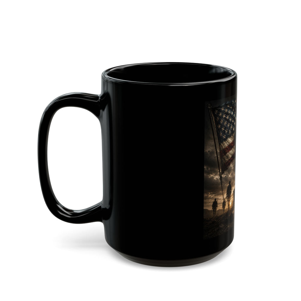 Freedom Isn't Free Black Mug — Military Tribute Coffee Cup, American Flag & Battlefield Memorial (11oz/15oz)