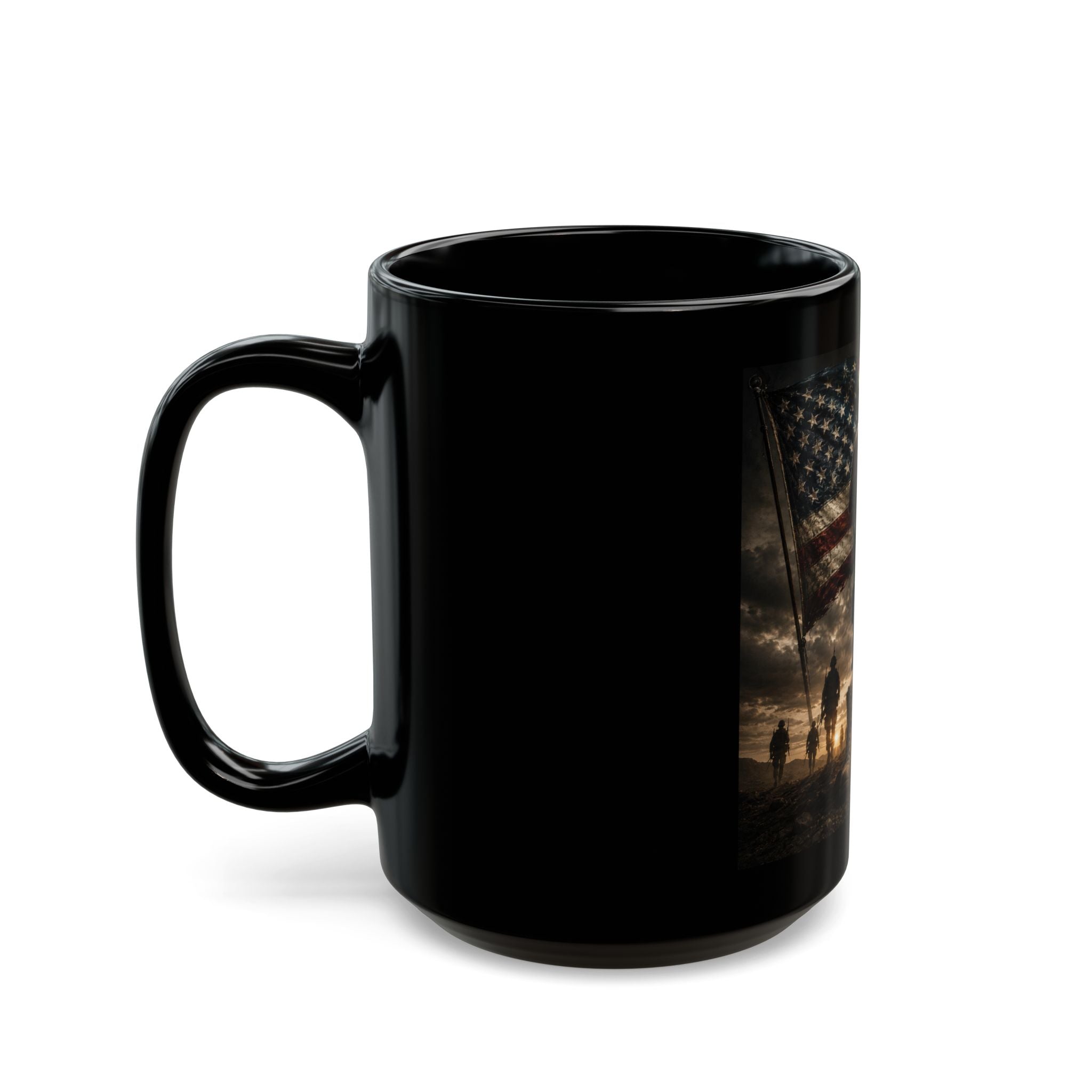 Freedom Isn't Free Black Mug — Military Tribute Coffee Cup, American Flag & Battlefield Memorial (11oz/15oz)