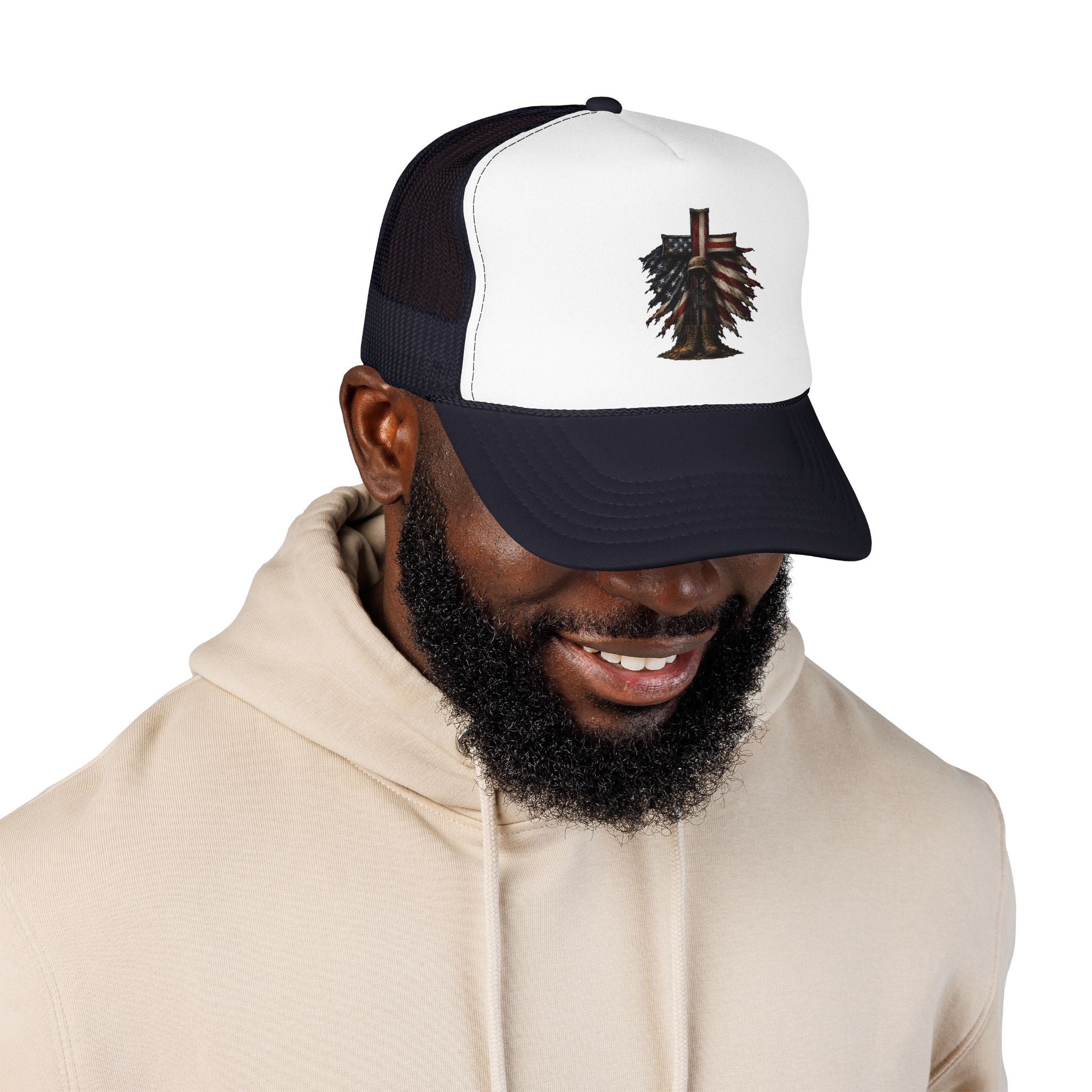 Patriotic Cross Trucker Hat — American Flag Feather Cross Foam Cap
