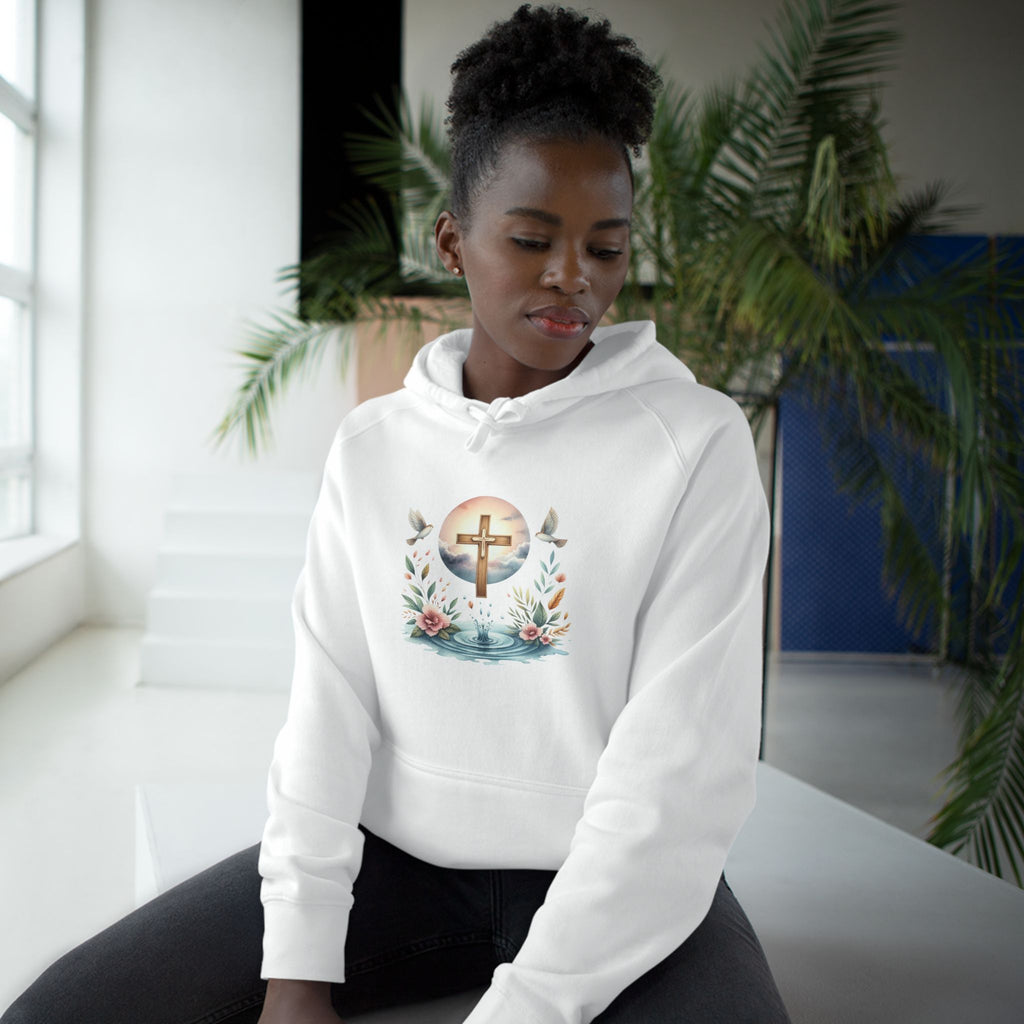 Christian Cross Floral Hoodie – Faith, Doves & Water Illustration