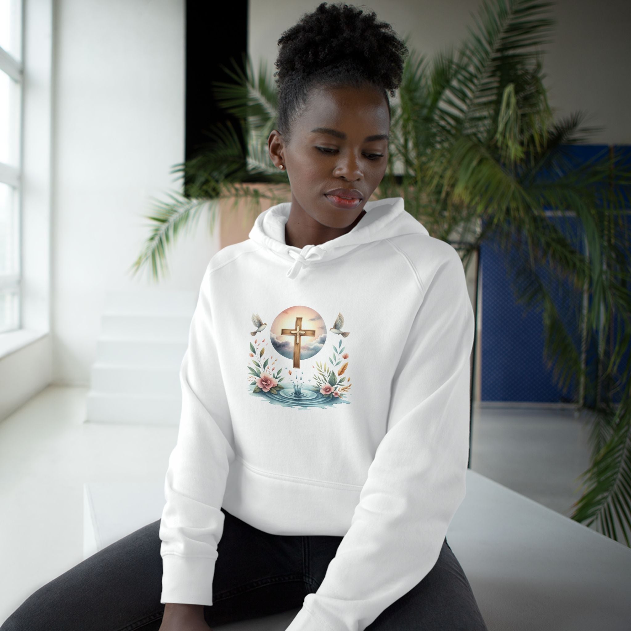 Christian Cross Floral Hoodie – Faith, Doves & Water Illustration