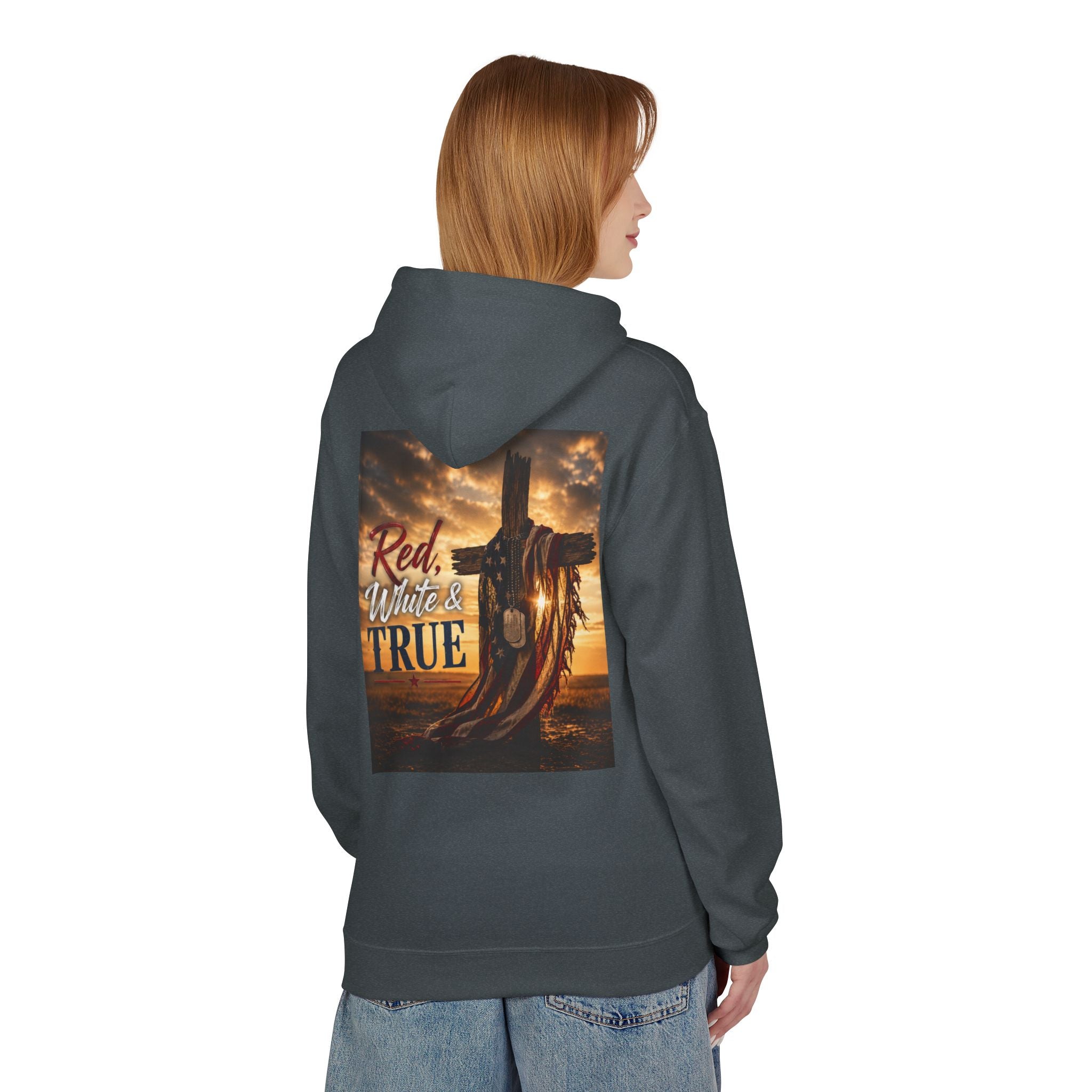 Red White & True Hoodie — Patriotic Cross Sunset Pullover