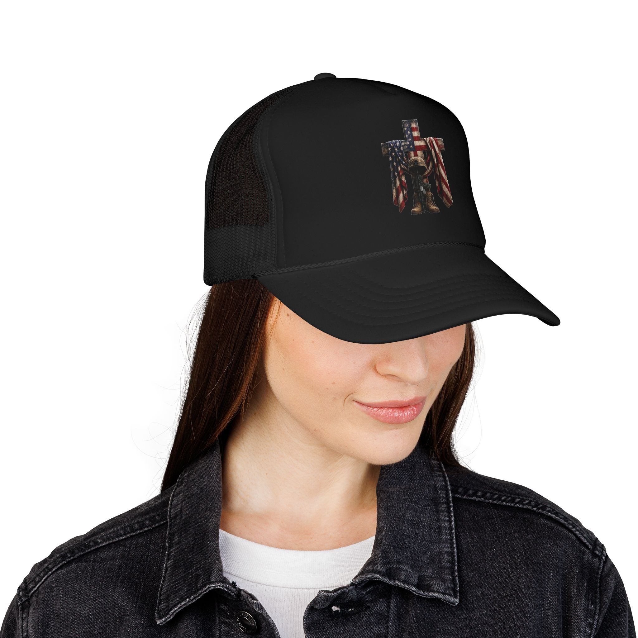 Trucker Hat — American Flag Cross with Soldier Memorial Design