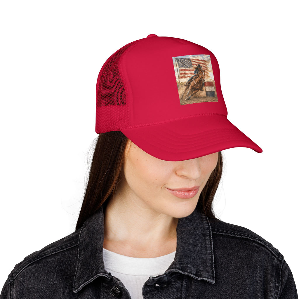 Western Rodeo Trucker Hat — Barrel Racing Horse with American Flag