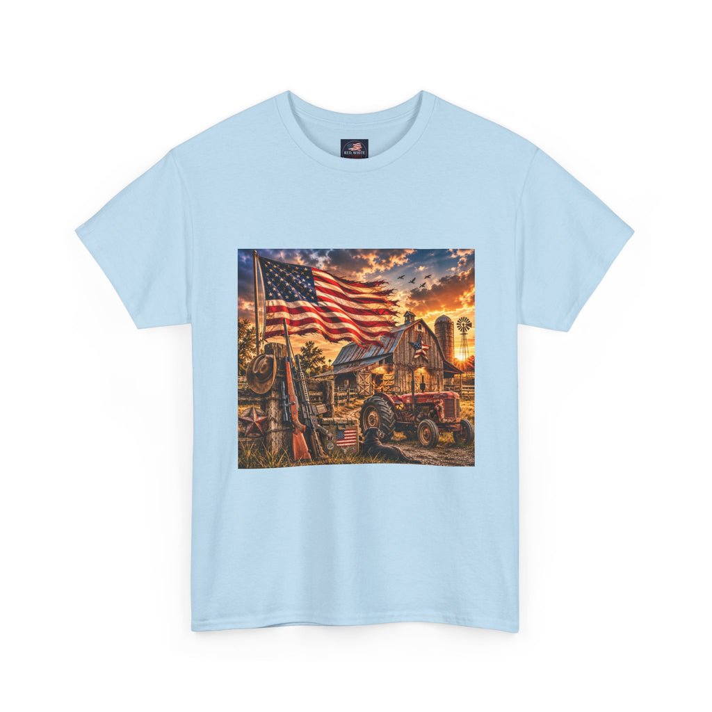 American Farm Sunset T-Shirt – Vintage Truck & Flag Rustic Patriotic Tee