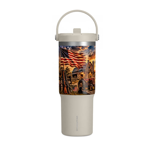32oz Nomad Tumbler — Patriotic American Flag & Rustic Farm Scene Insulated Travel Mug