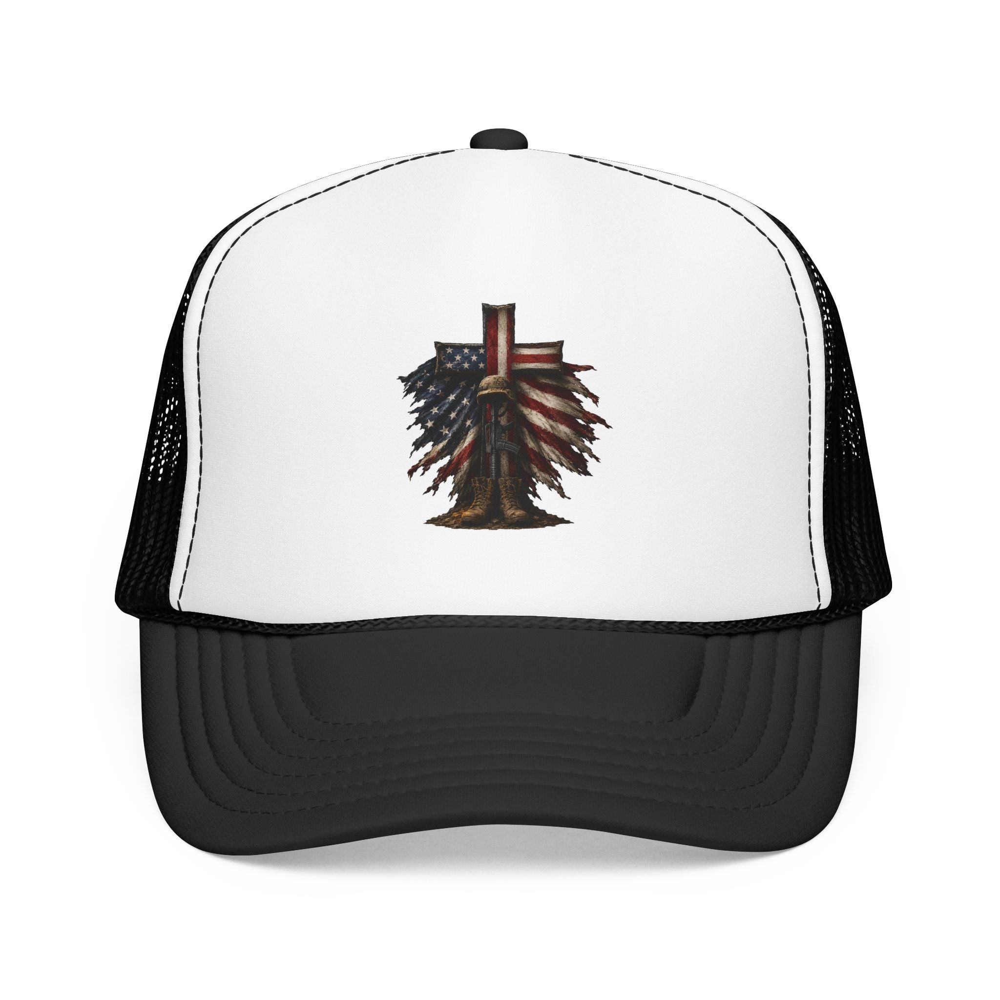 Patriotic Cross Trucker Hat — American Flag Feather Cross Foam Cap