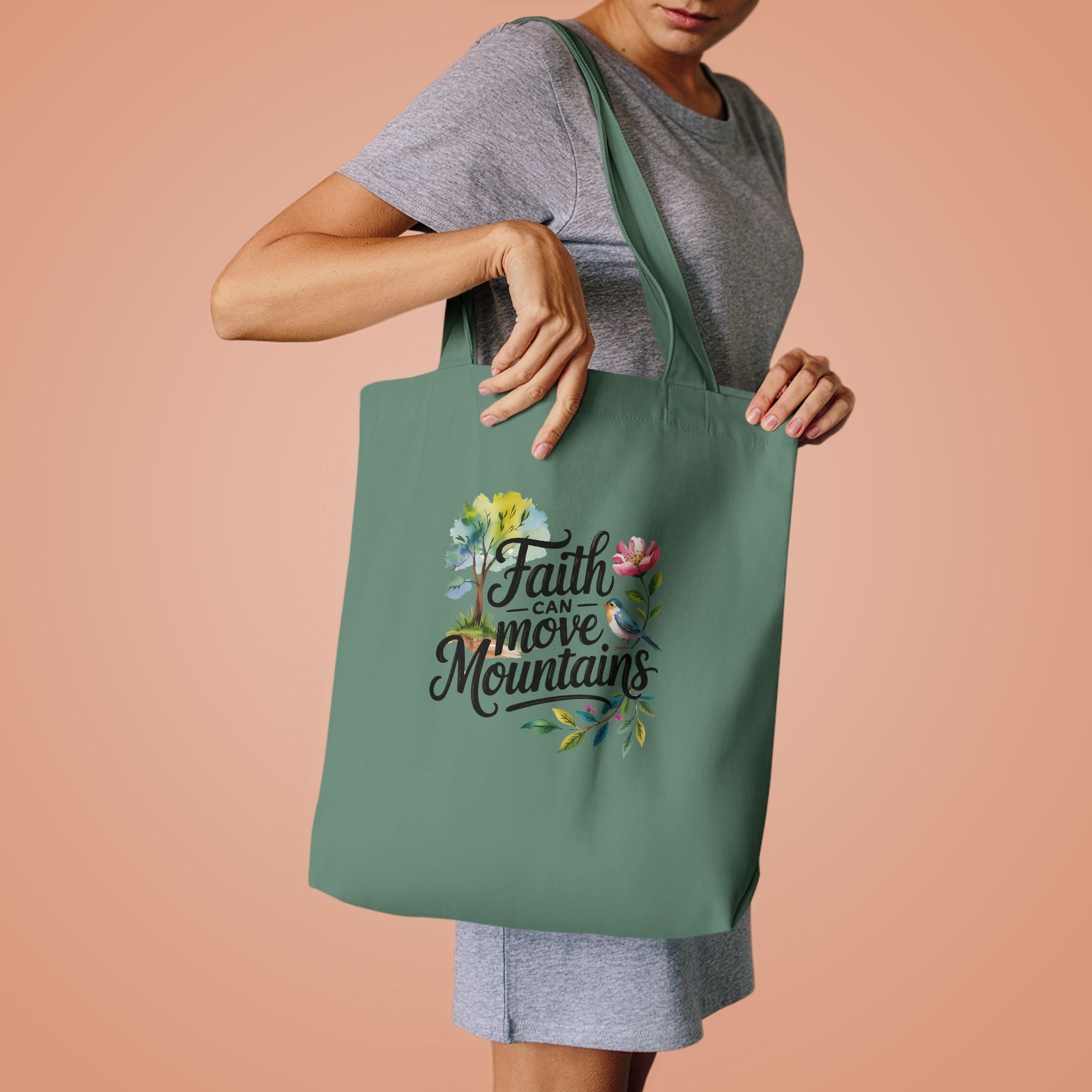 Faith Can Move Mountains Cotton Tote Bag – Floral Inspirational Grocery & Gift Tote