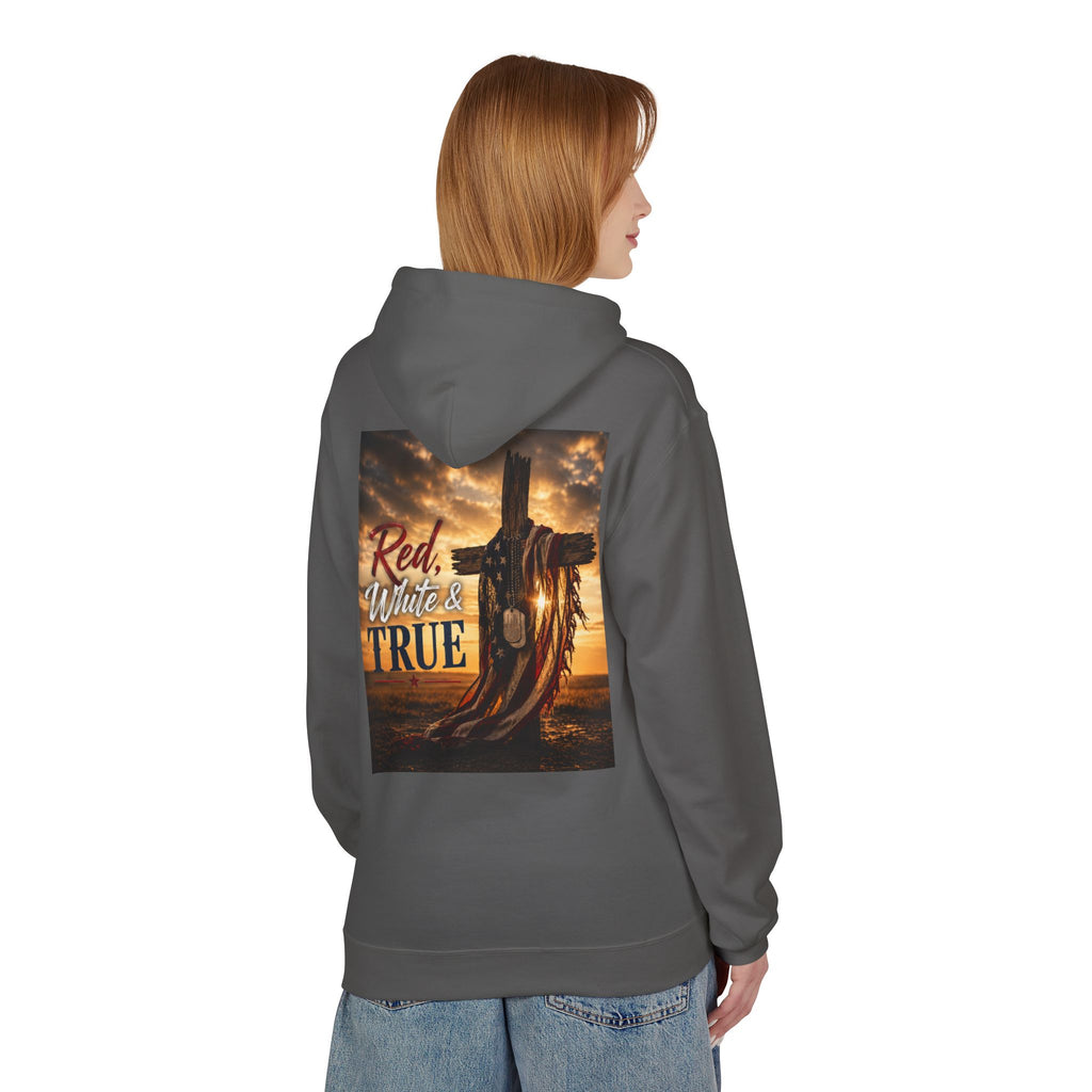 Red White & True Hoodie — Patriotic Cross Sunset Pullover